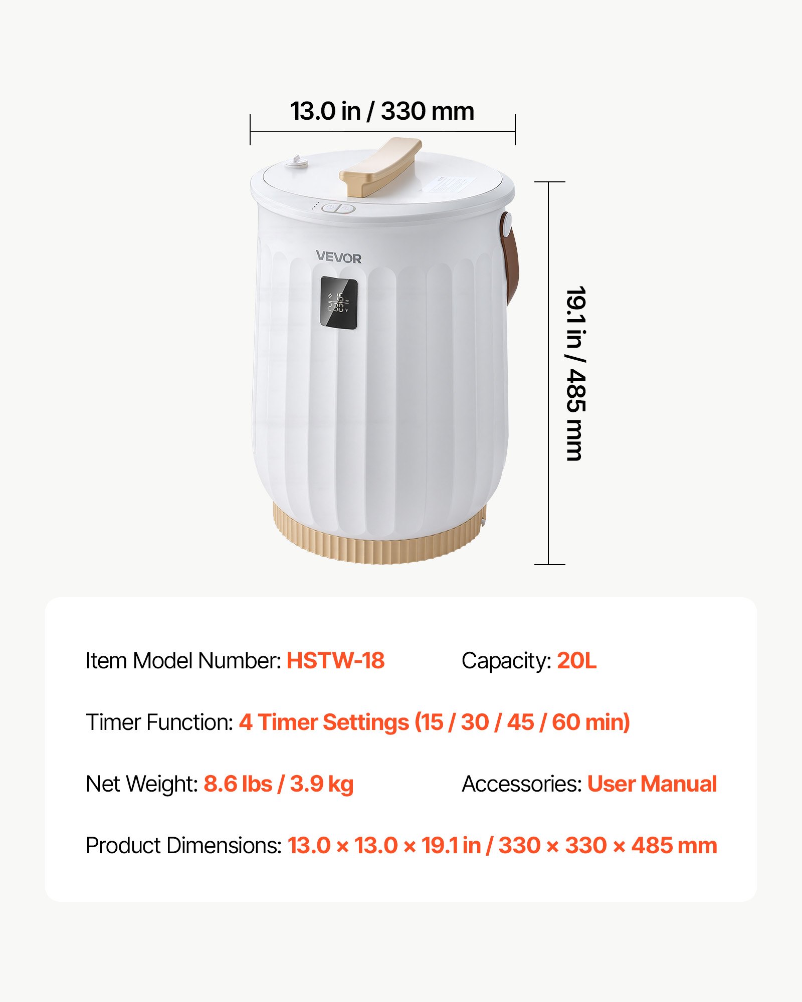 VEVOR Handtuchwärmer Eimer 20 L Heißtuchdampfer Wärmegerät Handtuchheizung, für Handtücher Decken Bademäntel, 4-fach einstellbarer Timer, Holzgriff, Automatische Abschaltung, Eingebaute Aromabox, Weiß