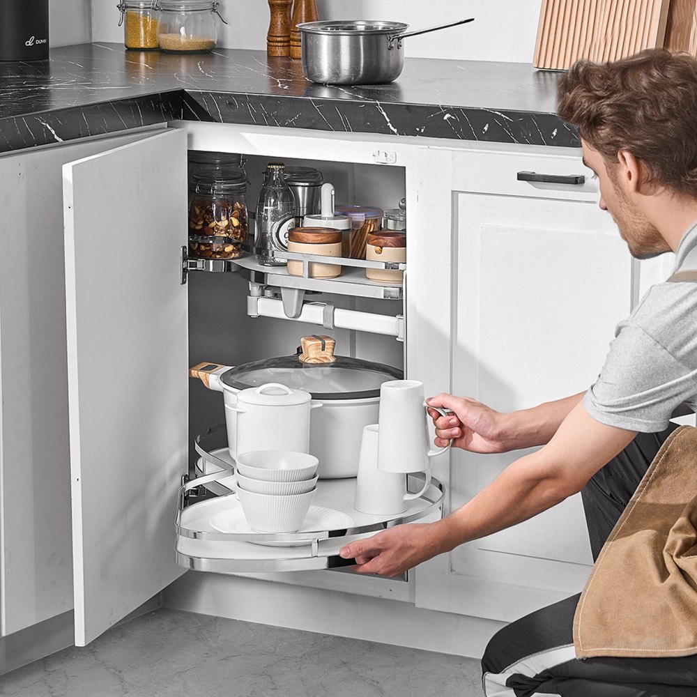 VEVOR Corner Cabinet Organizer, Right-Opening, Extendable Organizer for Roller Shutter Cabinets, 2-Tier Height-Adjustable Swing Tray, Soft-Closing Kitchen Organizer, Opens to the Right