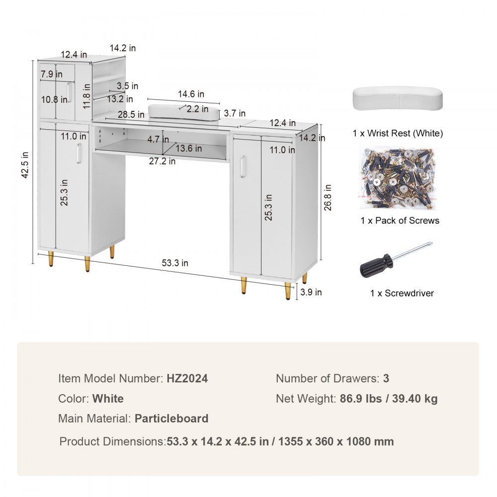 VEVOR Maniküretisch 1355 x 360 x 1080 mm Nagelschreibtisch, Make-up-Nagelstation mit Aufbewahrungsschränken, acetonbeständiger Nail-Tech-Tisch für den Spa-Arbeitsplatz, Handgelenkauflage, Weiß