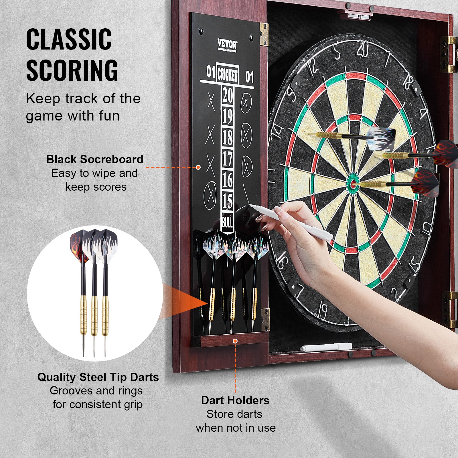 VEVOR Dartboard- und Schrankset Dartboard-Schrank in offizieller Größe, Dartscheibe 45 x 3,8 cm versteckbarer Dartschrank mit Stahlspitzen, komplett mit sämtlichem Zubehör, für Cricket-Spiele