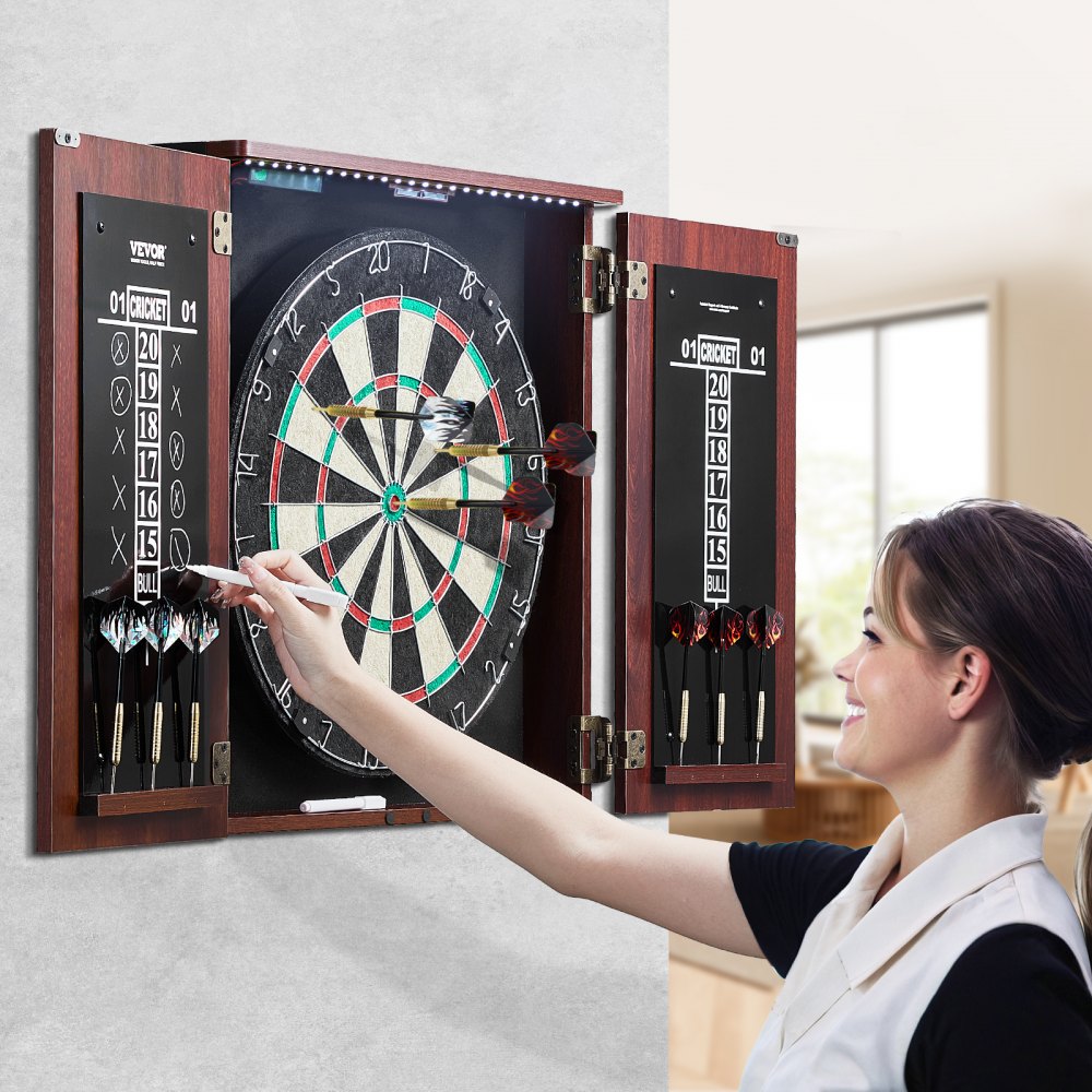 VEVOR Dartboard- und Schrankset, Home Dart Board Center in offizieller Größe, versteckbarer Dartschrank mit Stahlspitzen & mit LED-Licht & einfacher Montage, komplett mit sämtlichem Zubehör
