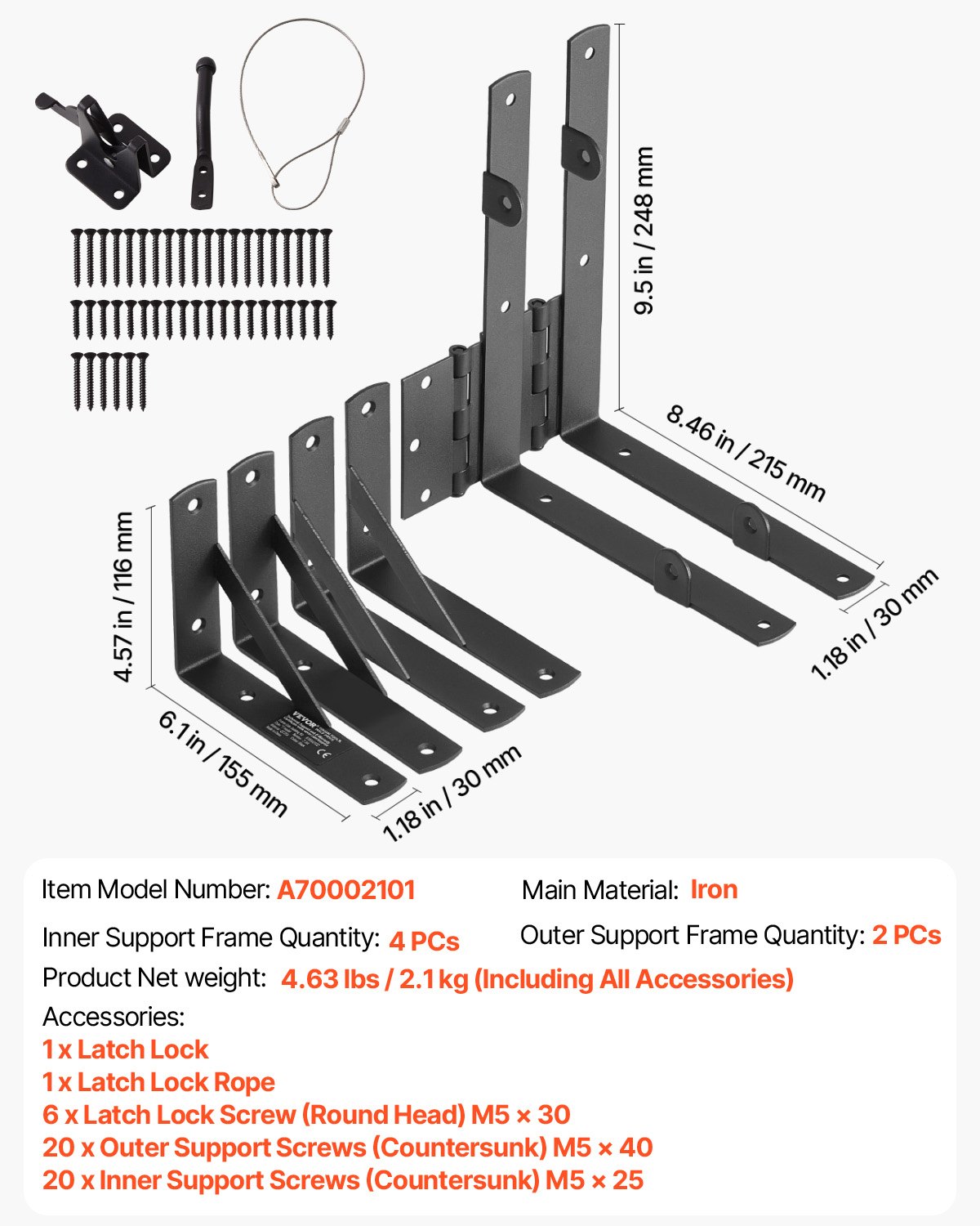 VEVOR Eckstrebenhalterung für Tore, Anti-Durchhang Beschlagsatz aus Eisen für Torrahmen, Tor-Eckstrebe mit Riegelschlossseil & Schraube, für Schuppentüren Einfahrtstore Holzfenster, Schwarz