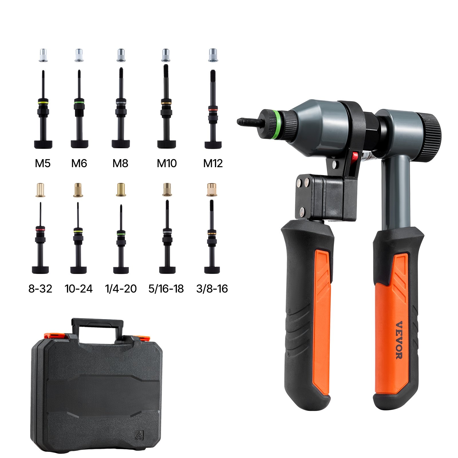 VEVOR Nietmutternzange Set 21 cm, Ratschen Nietzange mit 10 Dornen & 100 Muttern in metrischen und SAE-Größen M5, M6, M8, M10, M12, 8-32, 10-24, 1/4-20, 5/16-18, 3/8-16 UNC, inkl. Tragekoffer