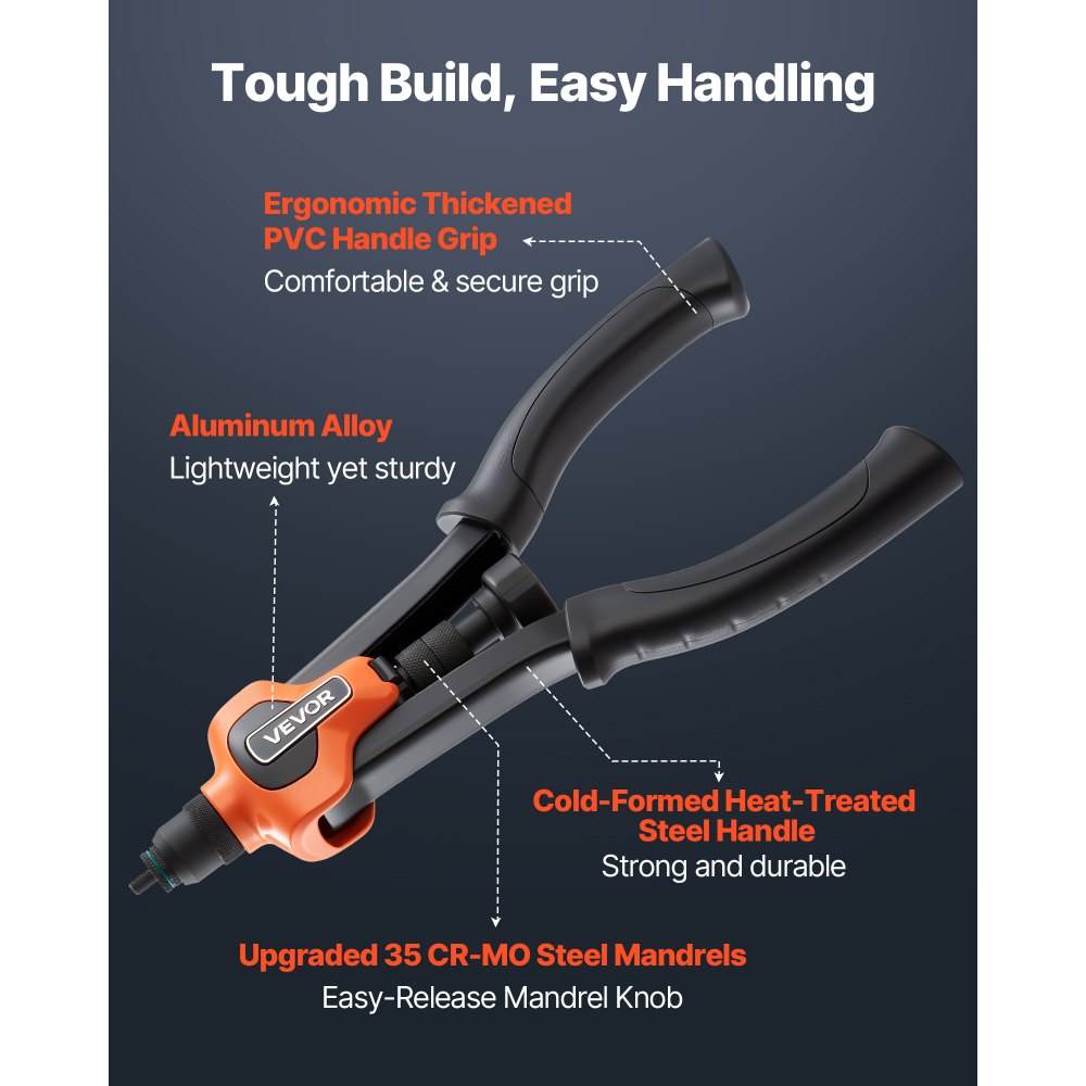 VEVOR Rivet Nut Tool Kit, 340 mm Two-Handed Rivnut Tool Kit, with 7 Mandrels and 70 Nuts, Metric and SAE Size M6, M8, M10, 10-24, 1/4-20, 5/16-18, 3/8-16 UNC, with a Carrying Case, for Home, Auto