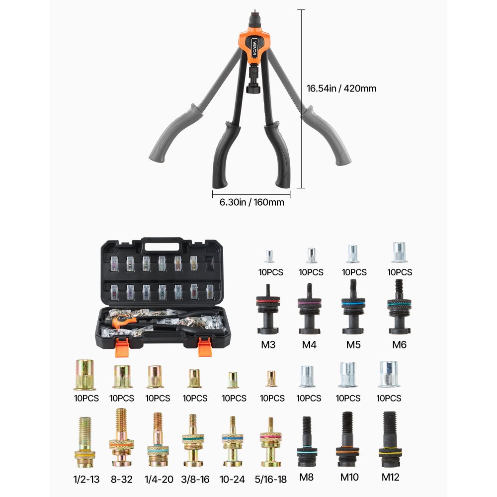 VEVOR Nietmutternzange Set 42 cm, Zweihändige Nietzange mit 13 Dornen & 130 Muttern in metrischen und SAE-Größen M3, M4, M5, M6, M8, M10, M12, 1/2-13, 8-32, 10-24, 1/4-20, 5/16-18, 3/8-16 UNC