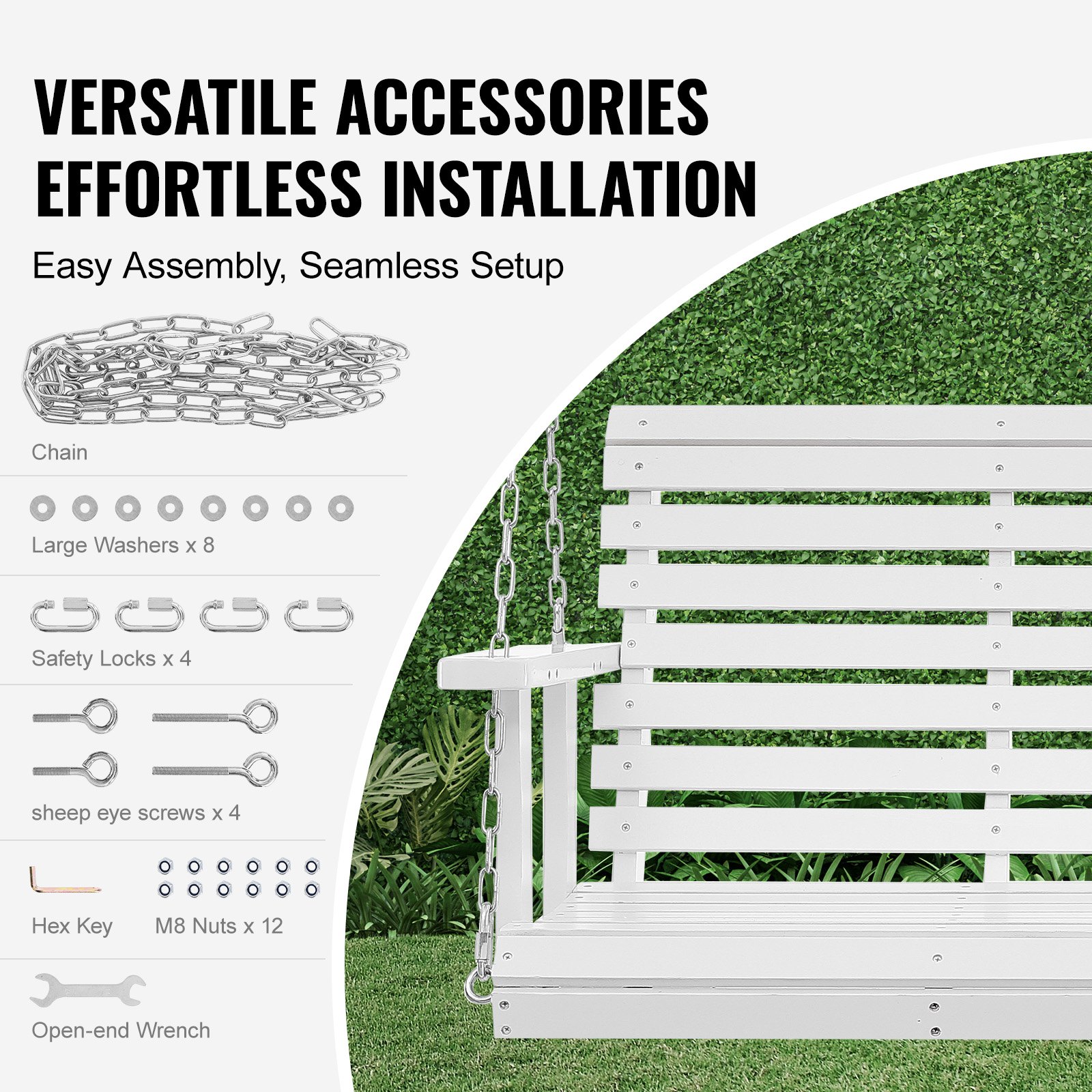 VEVOR Hollywoodschaukel Zedernholz, 1370x710x600mm, Terrassenschaukel für Hof und Garten, verbesserte Tragkraft von ca. 400 kg, robuste Schaukelstuhlbank mit Aufhängeketten für den Außenbereich, weiß