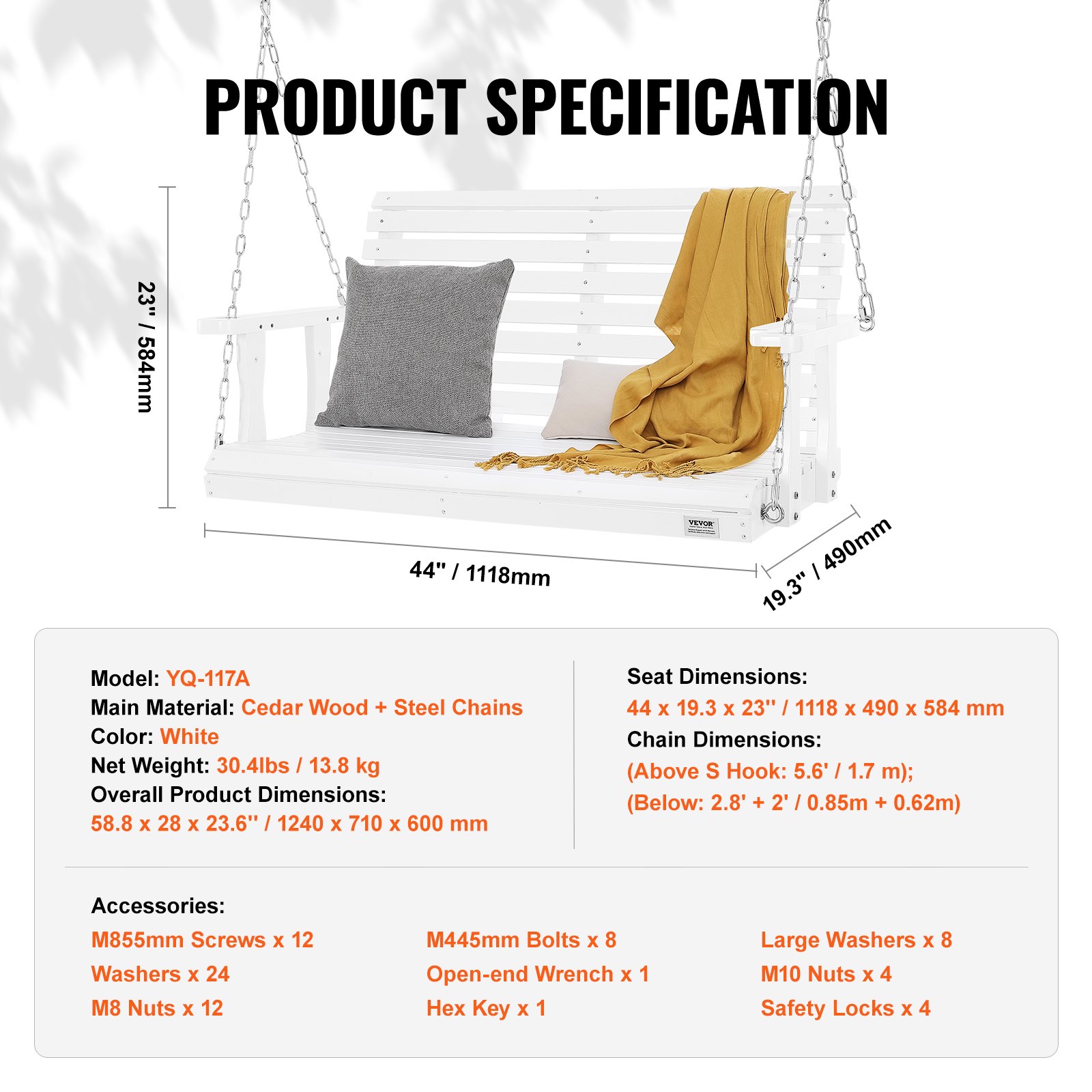 VEVOR Hollywood Swing, Cedar Wood, 1240x710x600mm, Patio Swing for Yard and Garden, Improved Load Capacity of approx. 400 kg, Robust Rocking Chair Bench with Suspension Chains for Outdoor Use, White