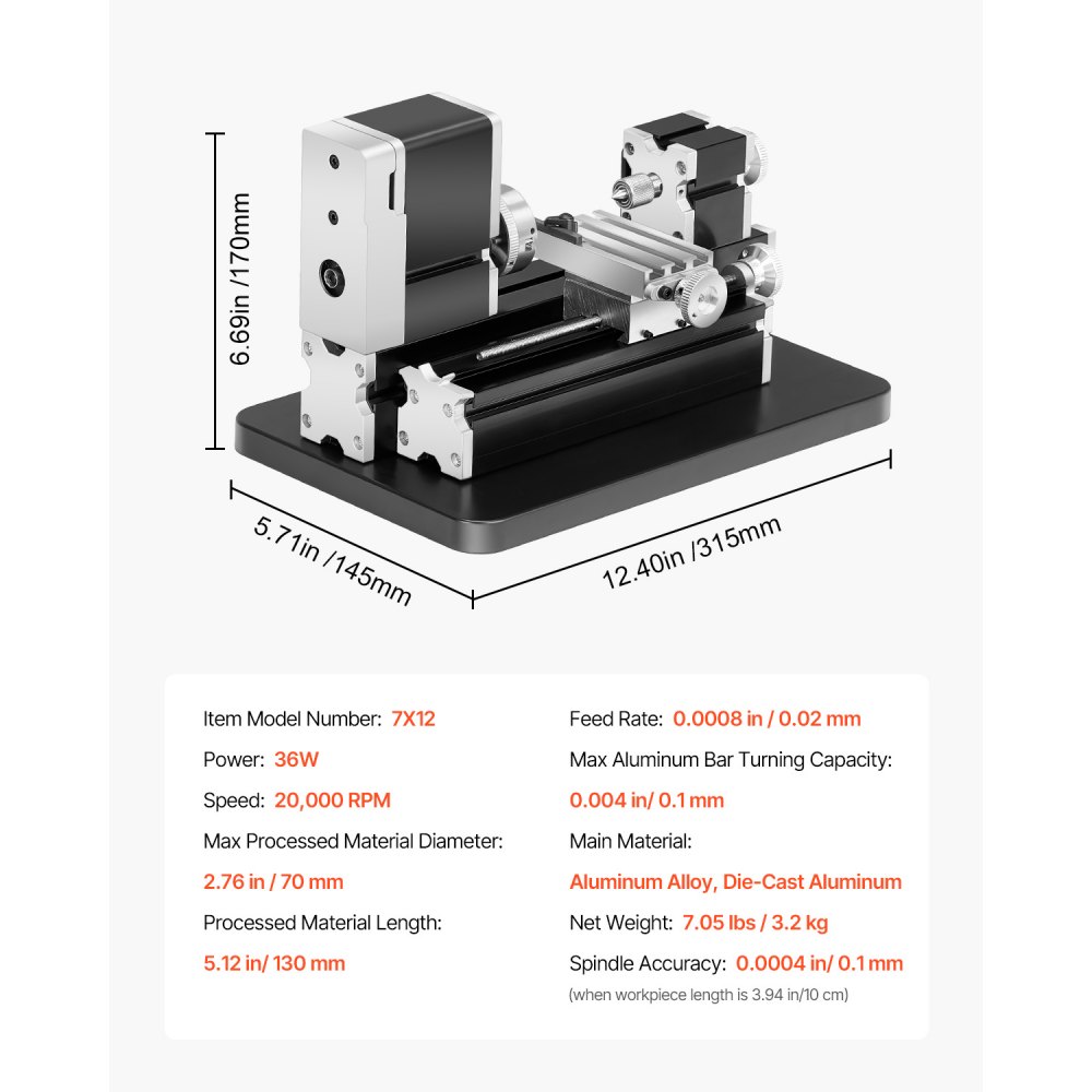 VEVOR Mini-Drehmaschine aus Metall 70x130 mm, Fräsmaschine 20000 U/min, 36 W Hochleistungsmotor, 3-Backenfutter, didaktische Metalldrehmaschine mit Schutz für die Bearbeitung von Präzisionsteilen