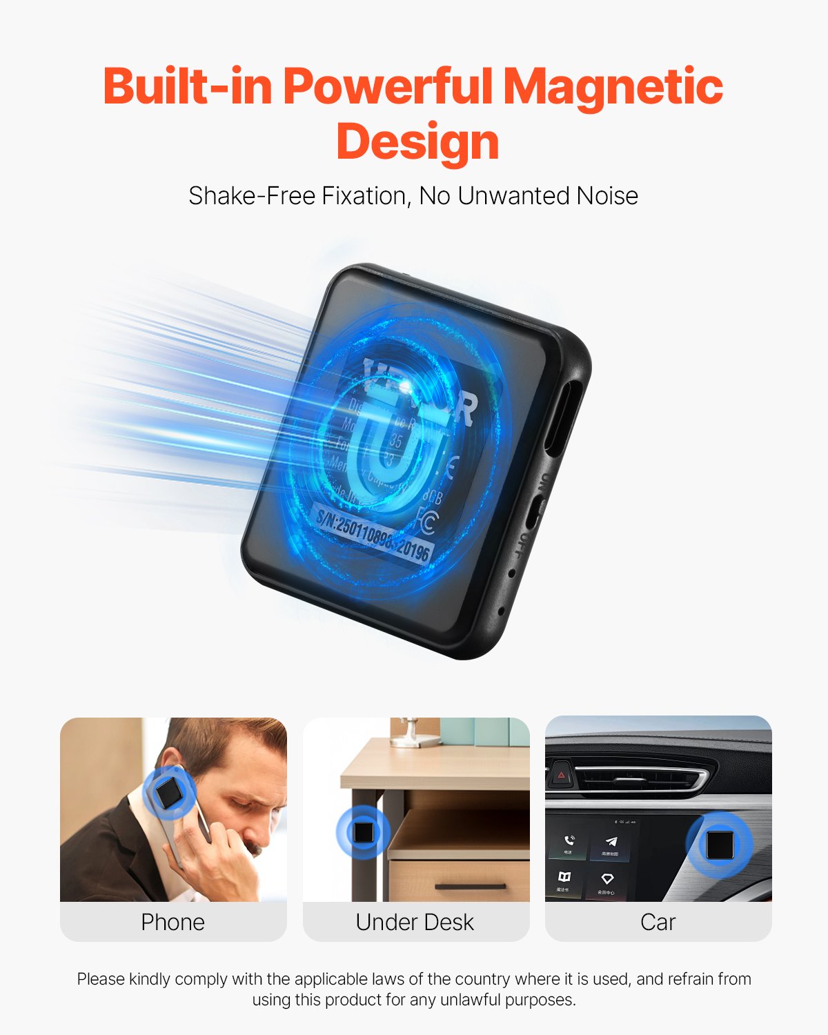 VEVOR Diktiergerät Mini, 128 GB, Aufnahmegerät mit Wiedergabe, 8730 Stunden Magnetischer Voice Recorder, 100 Stunden Akkulaufzeit, USB-C-Audiorecorder MP3 für Vorträge, Meetings, Interviews