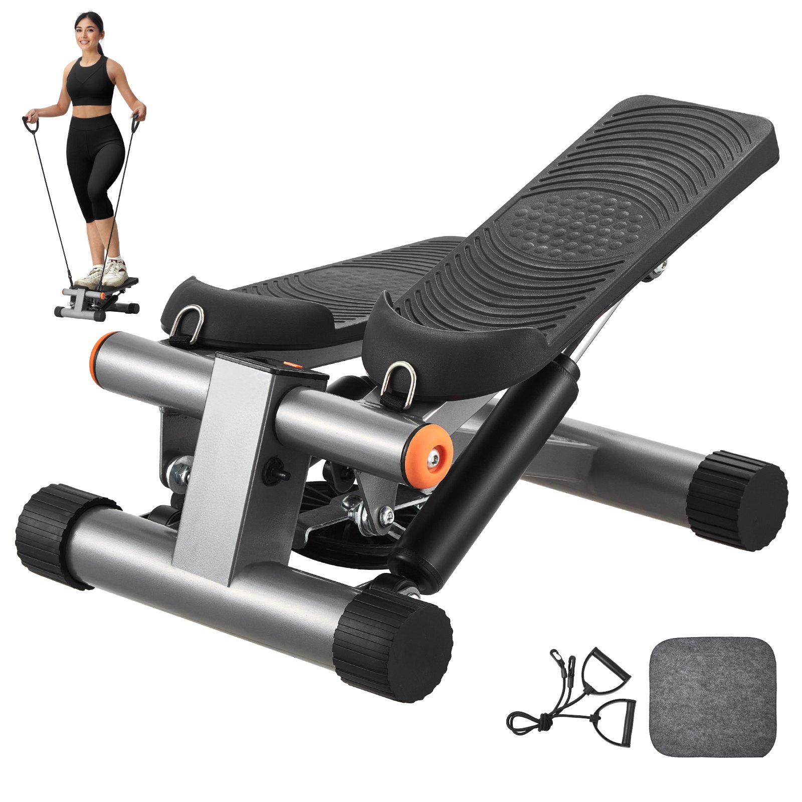 VEVOR Treppenstepper Mini-Stepper, hydraulischer Fitness-Stepper mit Widerstandsbändern, Ganzkörper-Workout-Cardio-Gerät, Treppensteiger mit LCD-Monitor, 150 kg Tragkraft 170 – 325 mm