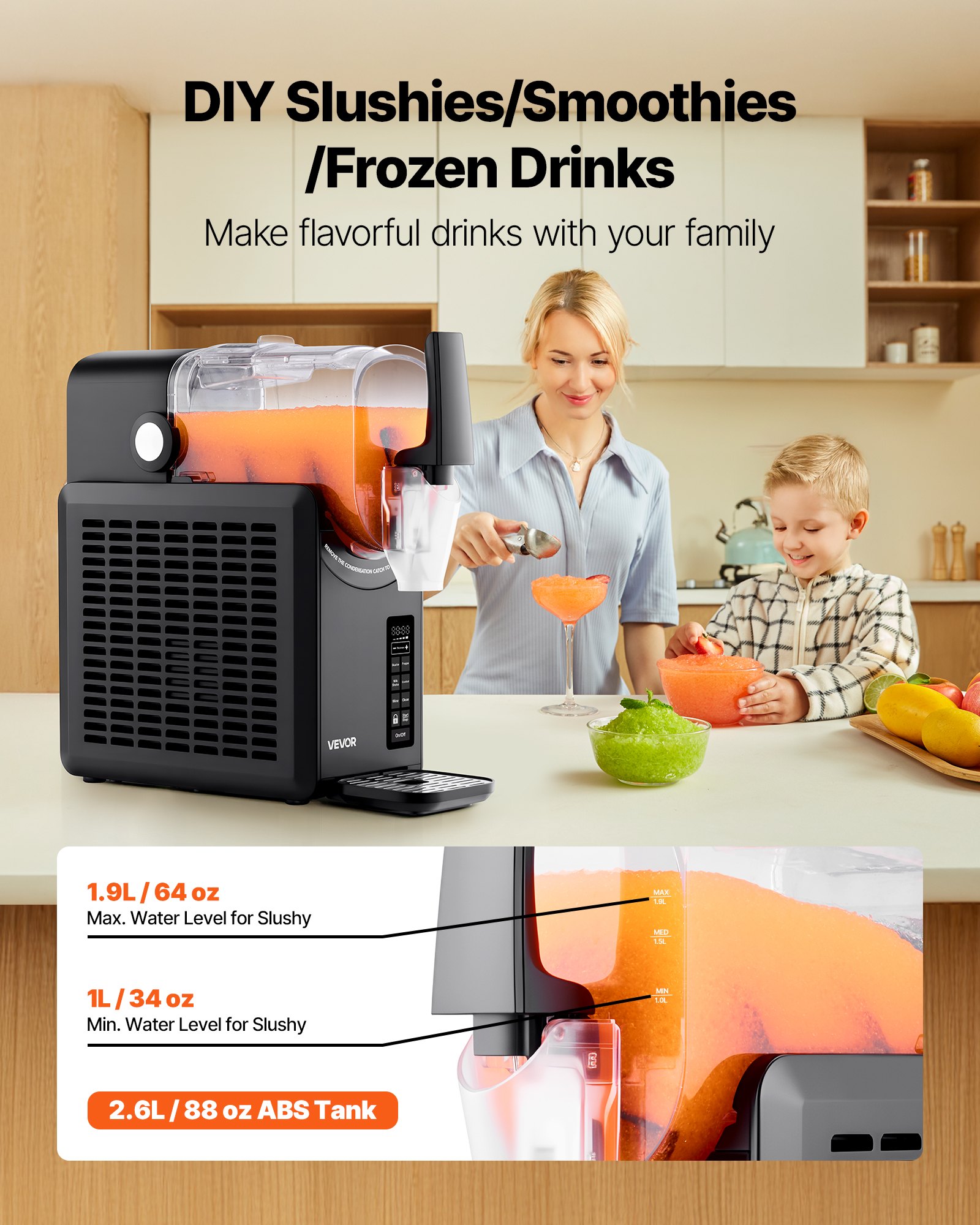 VEVOR Slusheis Maschine Slushgerät Slushy Machine 2,6 L, Frozen Drink Maker mit 5 voreingestellten Programmen, Margarita-Maschine mit Selbstreinigung, Frozen Margaritas, Frappés, Milchshake