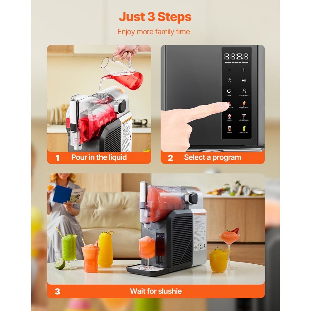 VEVOR Slush-Maschine für Zuhause 2 L, kein Eis nötig, mit Selbstreinigung, 200 W Frozen Drink Maker aus Edelstahl 304, 6 voreingestellte Programme für Frozen Margaritas Frappés Milchshake