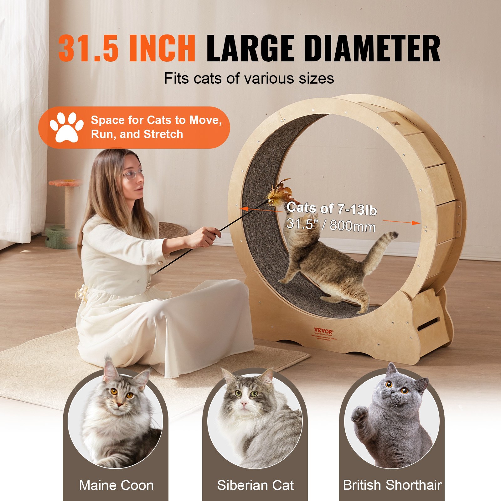VEVOR Katzenlaufrad 910x320x970mm Laufrad Katzen aus Birken-& Pappelsperrholz Katzenrad Geräuscharm Abnehmbare Innenmatte Cat Wheel Geeignet für Katzen mit einem Gewicht von 3,6 bis 6,6kg