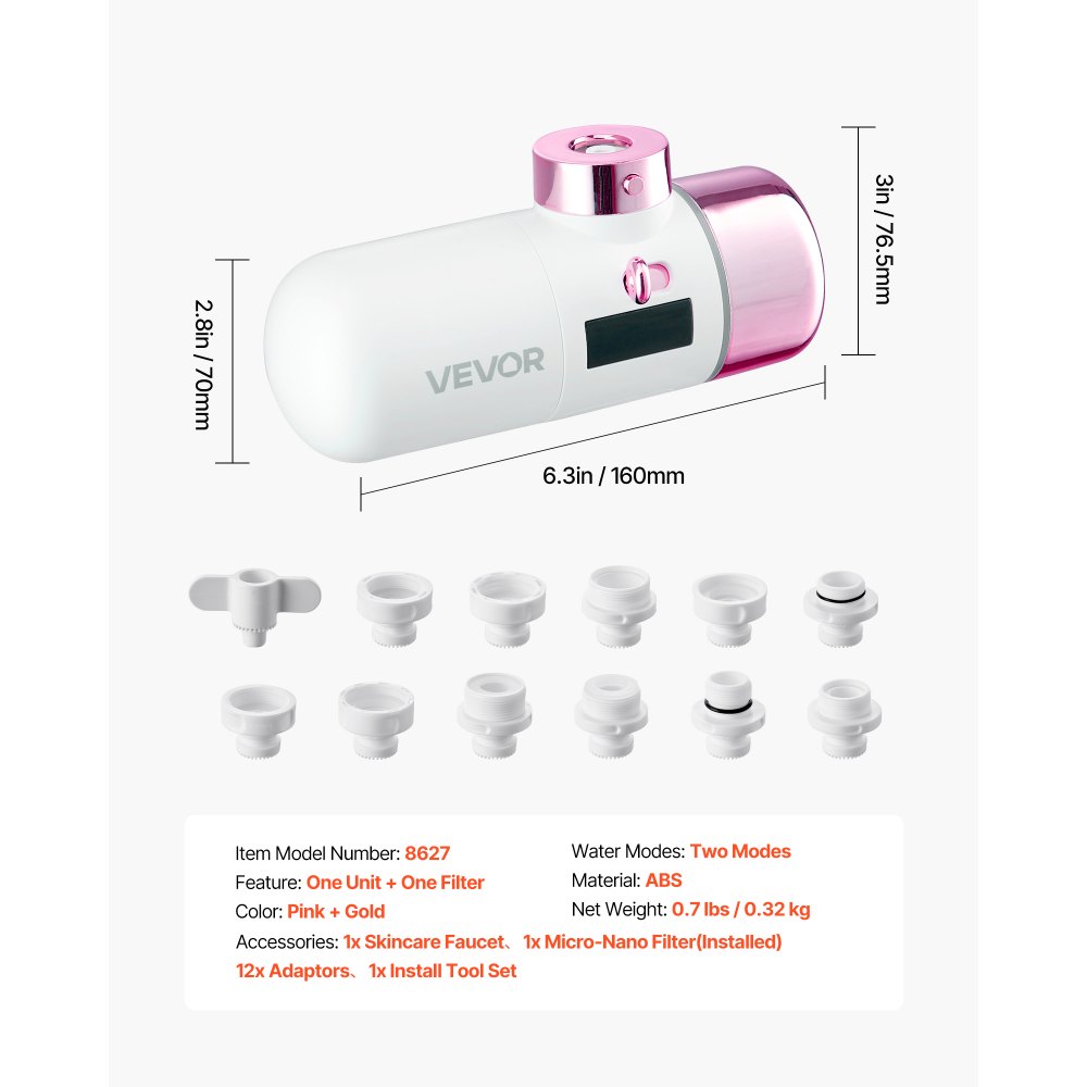 VEVOR Hautpflege Wasserhahn Wasserfilter mit Mikro-Nano-Blase für die Haut, Wasserhahnreiniger, entfernt Chlor mit 1 Filter, für Küchen- und Badezimmerarmaturen, Pink + Gold