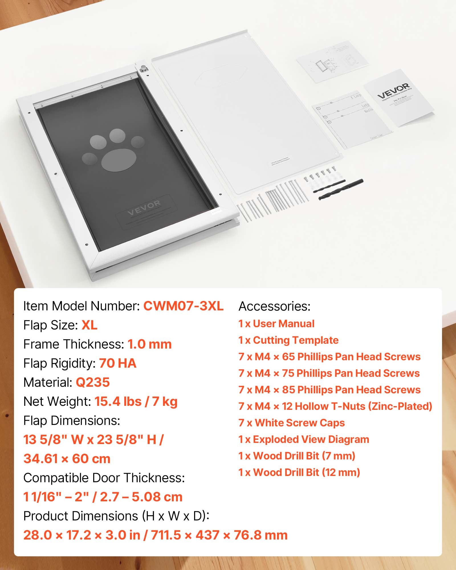 VEVOR Hundeklappe (XL) mit 3 Magnetklappen & Metallrahmen, Wetterfeste Katzenklappe für Innen- und Außentüren, Katzentür Hundetür Haustierklappe Weiß 34,61 x 60 cm (Breite x Höhe) Haustiertür