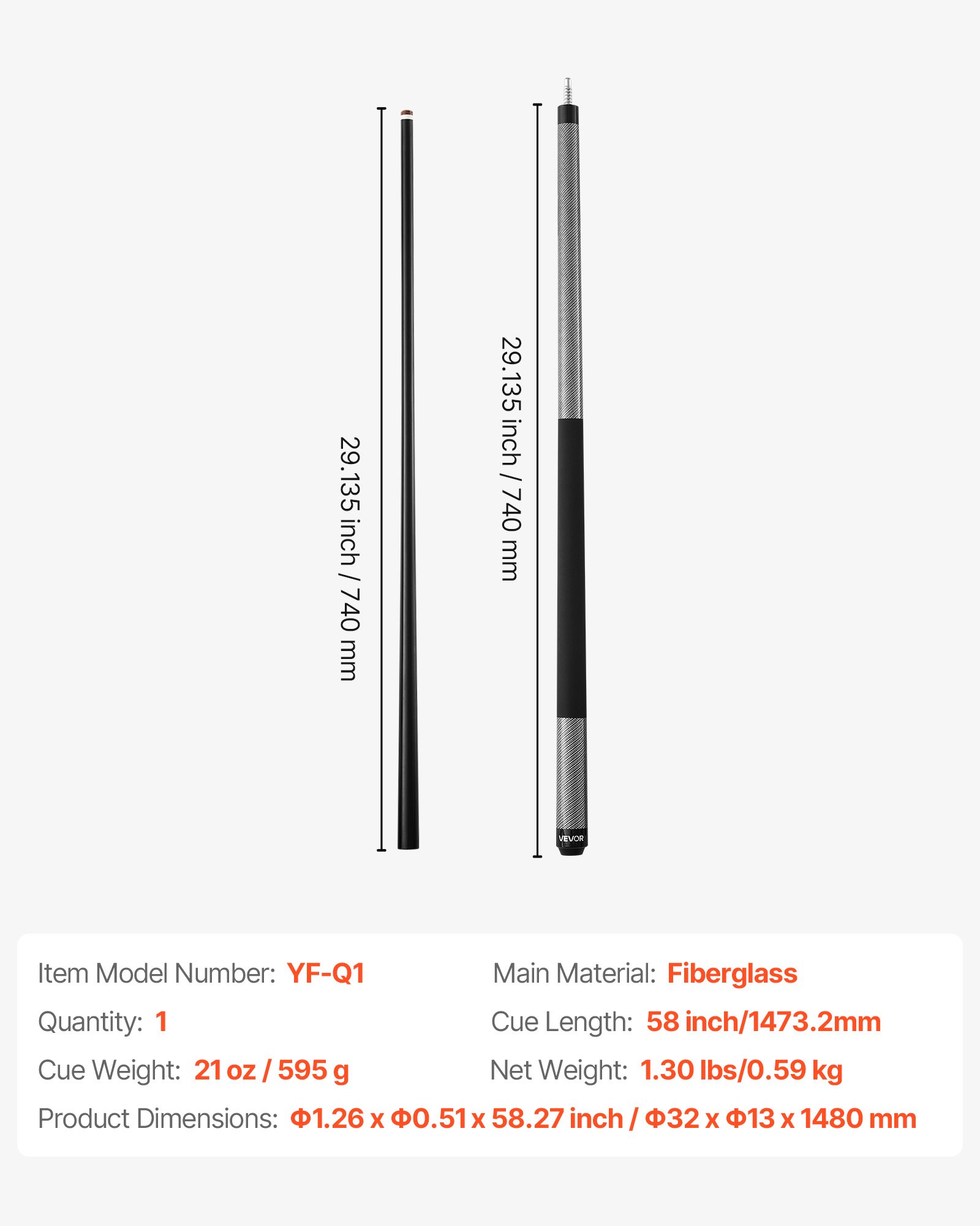 VEVOR Billardqueue 1 Stk. (1473,2 mm / 595 g) aus Fiberglas mit mehrschichtiger Spitze, Billardstock geeignet für Bar Zuhause Büro Amerikanisches 9-Ball-Spiel, pool cue