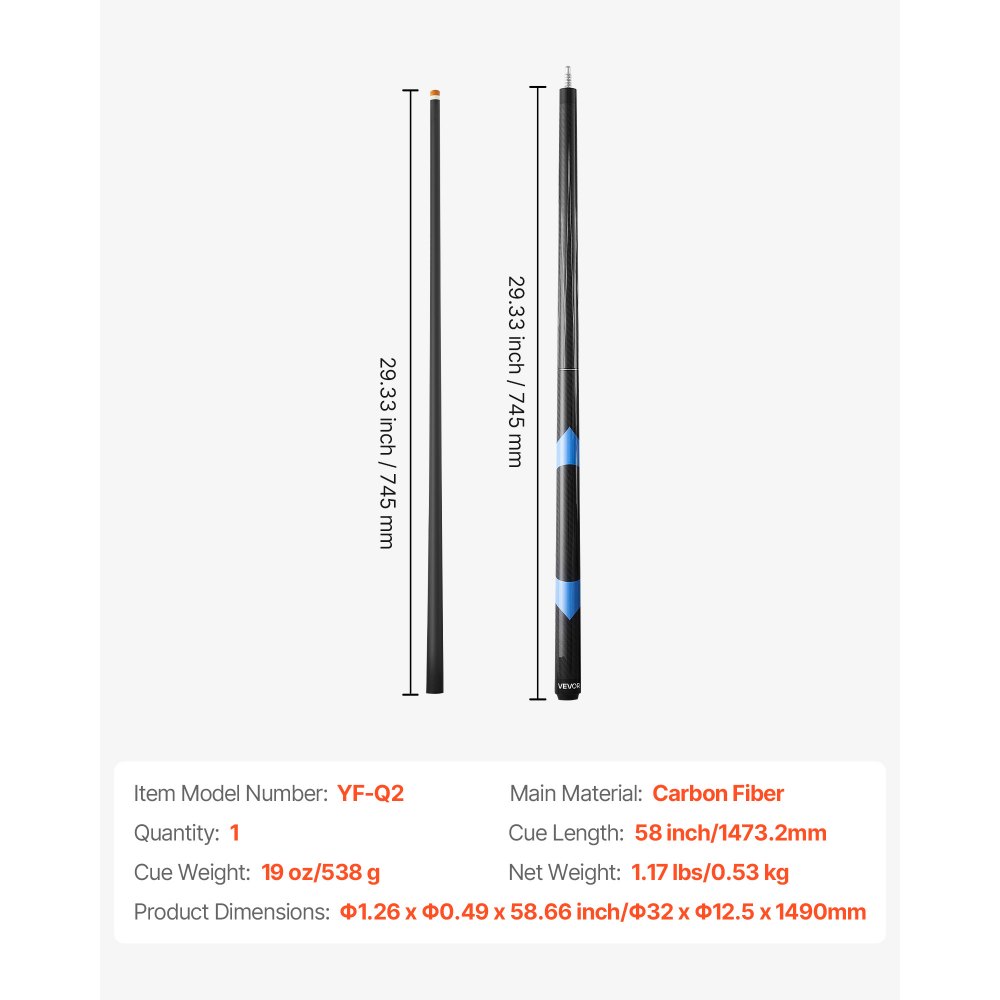 VEVOR Billardqueue 1 Stk. (1473,2 mm / 538 g) aus Kohlefaser mit gepresster Bakelitspitze & ABS-Verbindungsring, Billardstock geeignet für Bar Zuhause Büro Amerikanisches 9-Ball-Spiel, pool cue
