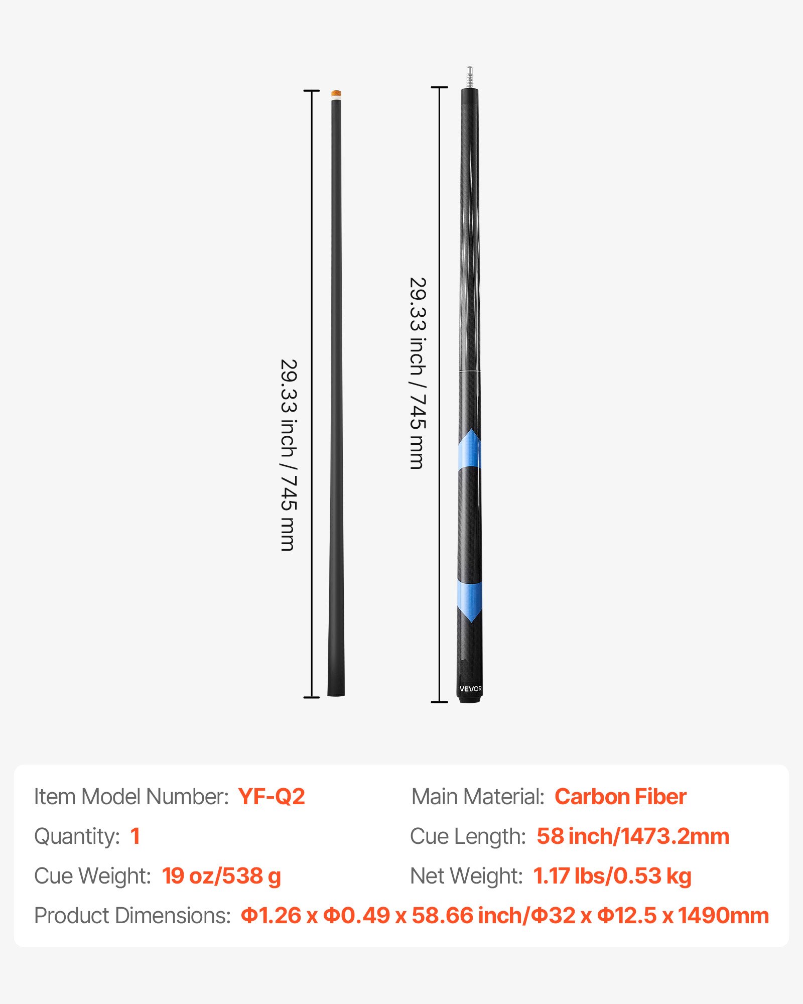VEVOR Billardqueue 1 Stk. (1473,2 mm / 538 g) aus Kohlefaser mit gepresster Bakelitspitze & ABS-Verbindungsring, Billardstock geeignet für Bar Zuhause Büro Amerikanisches 9-Ball-Spiel, pool cue