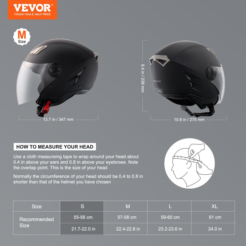 VEVOR Motorcycle Helmet Motocross Helmet 3/4 Face Size S, ABS Helmet with Interchangeable Lens, ECE-Approved Comfortable Motocross Helmet, for Youth & Adults, Black
