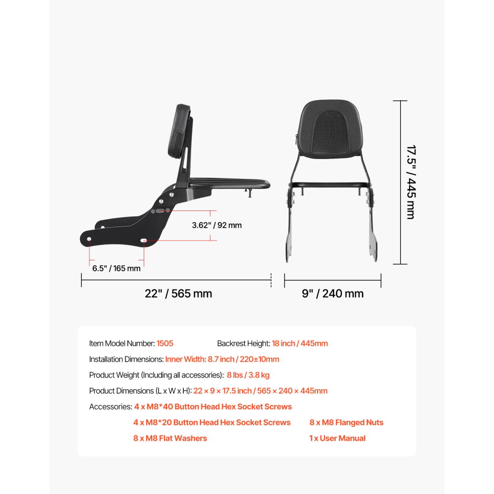 VEVOR Motorrad Rückenlehne Sissybar kompatibel mit Honda Rebel CMX 1100 2021-2022, 445 mm hohe abnehmbare Beifahrer-Rückenlehne mit Metallrahmen & Leder-Rückenpolster & Gepäckträger, schwarz