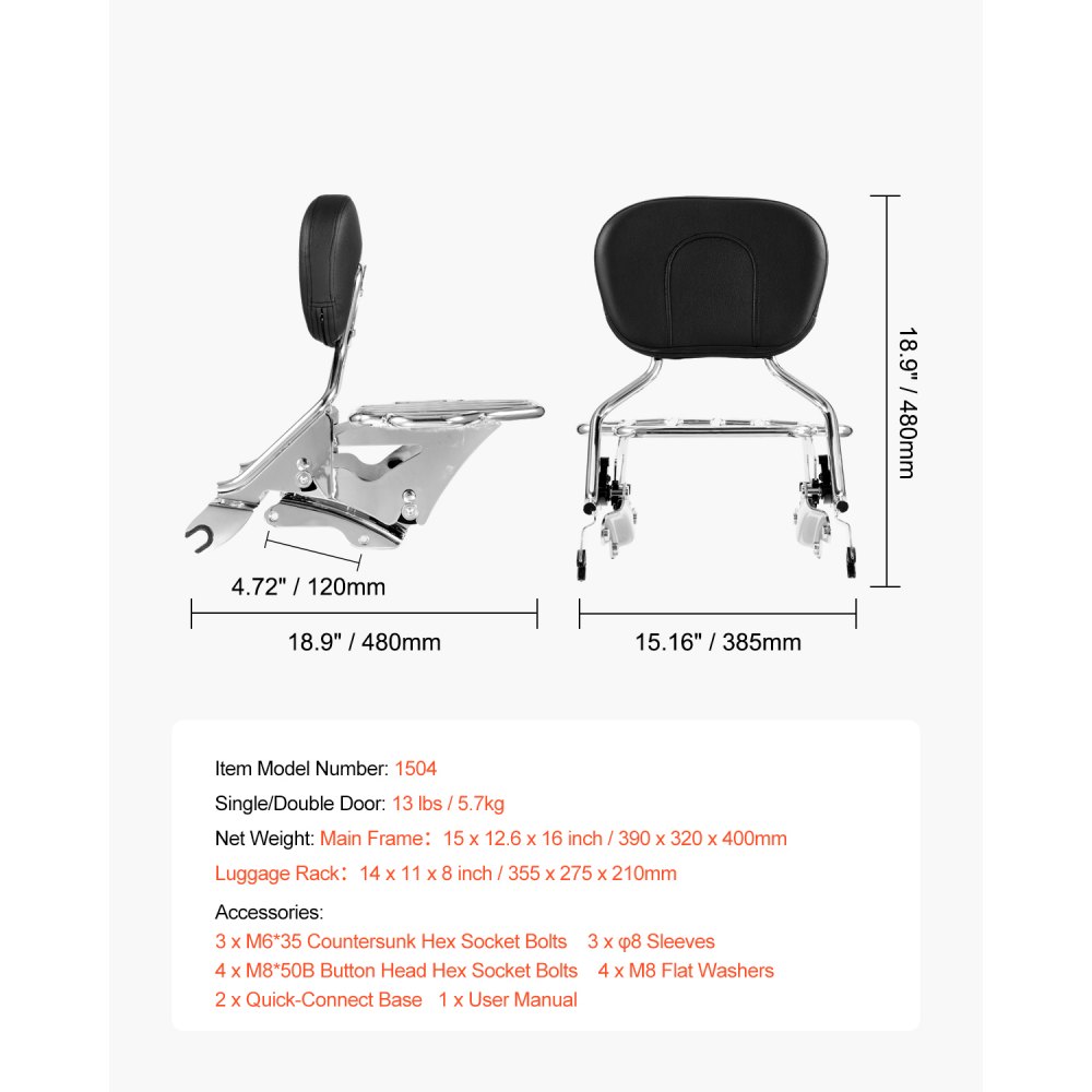 VEVOR Motorrad Rückenlehne Sissybar mit Gepäckträger kompatibel mit Harley-Davidson Touring Modellen Street Glide Road Glide Road King, 40 cm (H) abnehmbare Beifahrer-Rückenlehne für Motorräder