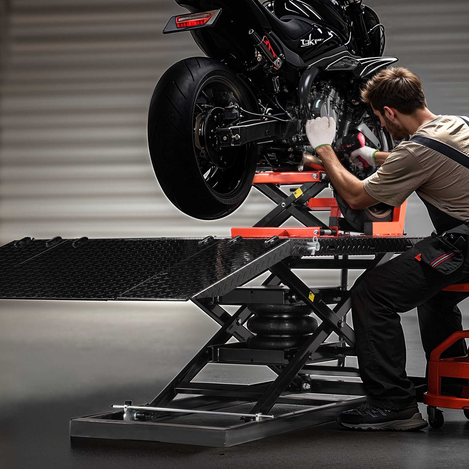 VEVOR Motorradheber Motorradhebebühne höhenverstellbarer Hebeständer mit abnehmbarer Werkbank, Fahrzeugreparaturplattform pneumatisch (680 kg belastbar / Max. Hubhöhe 940,2 mm) für Dirtbikes