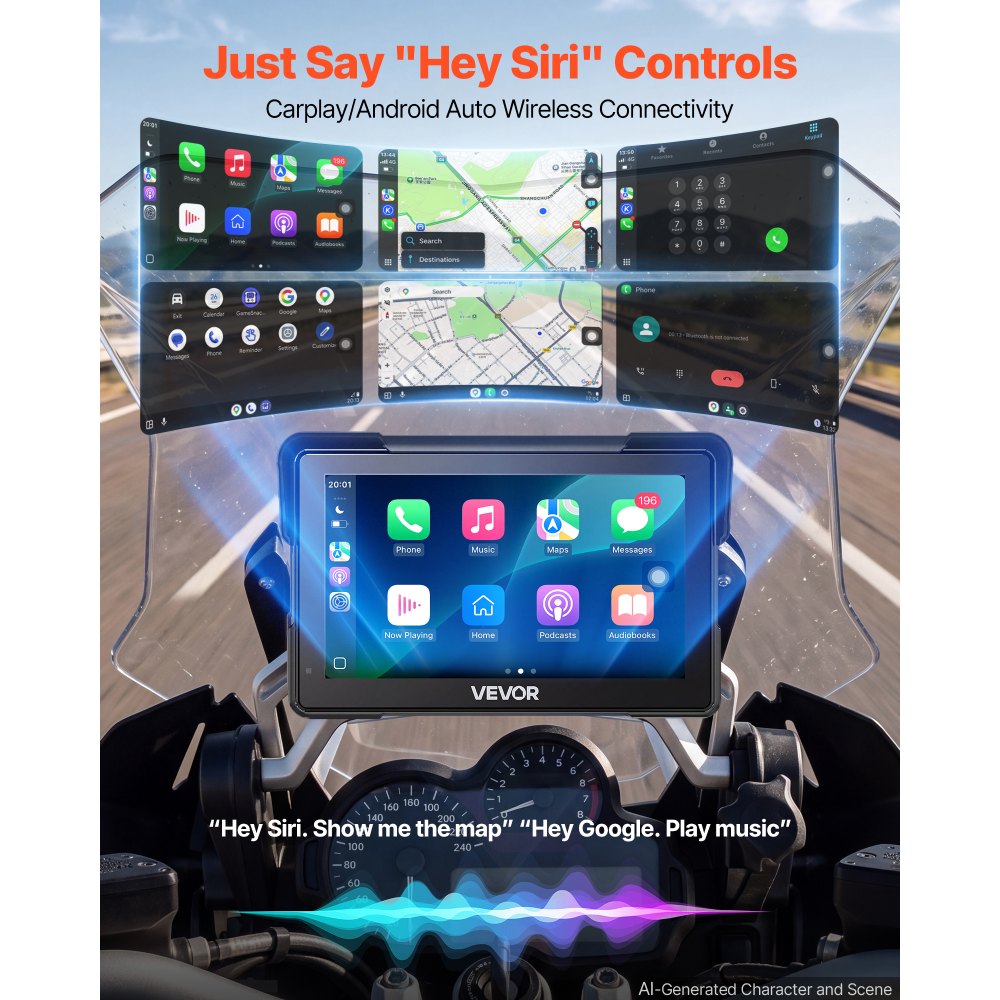 VEVOR Motorrad-Navi 7 Zoll Display mit Apple CarPlay Android Auto Schwarz, für Straßenmotorräder, Cruiser, Touring-Motorräder und ATVs, mit Dual-Bluetooth, IP67-Wasserschutz und inkl. Montagehalterung