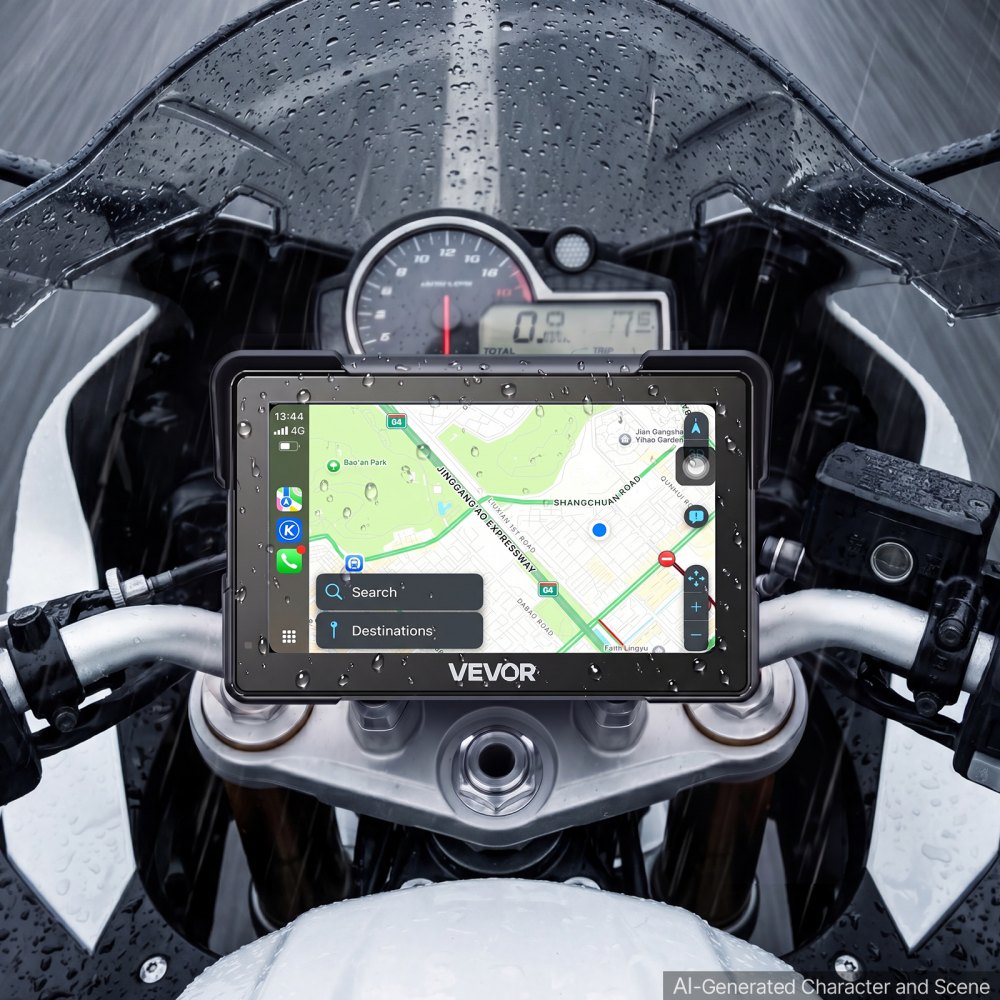 VEVOR Motorrad-Navi 7 Zoll Display mit Apple CarPlay Android Auto Schwarz, für Straßenmotorräder, Cruiser, Touring-Motorräder und ATVs, mit Dual-Bluetooth, IP67-Wasserschutz und inkl. Montagehalterung