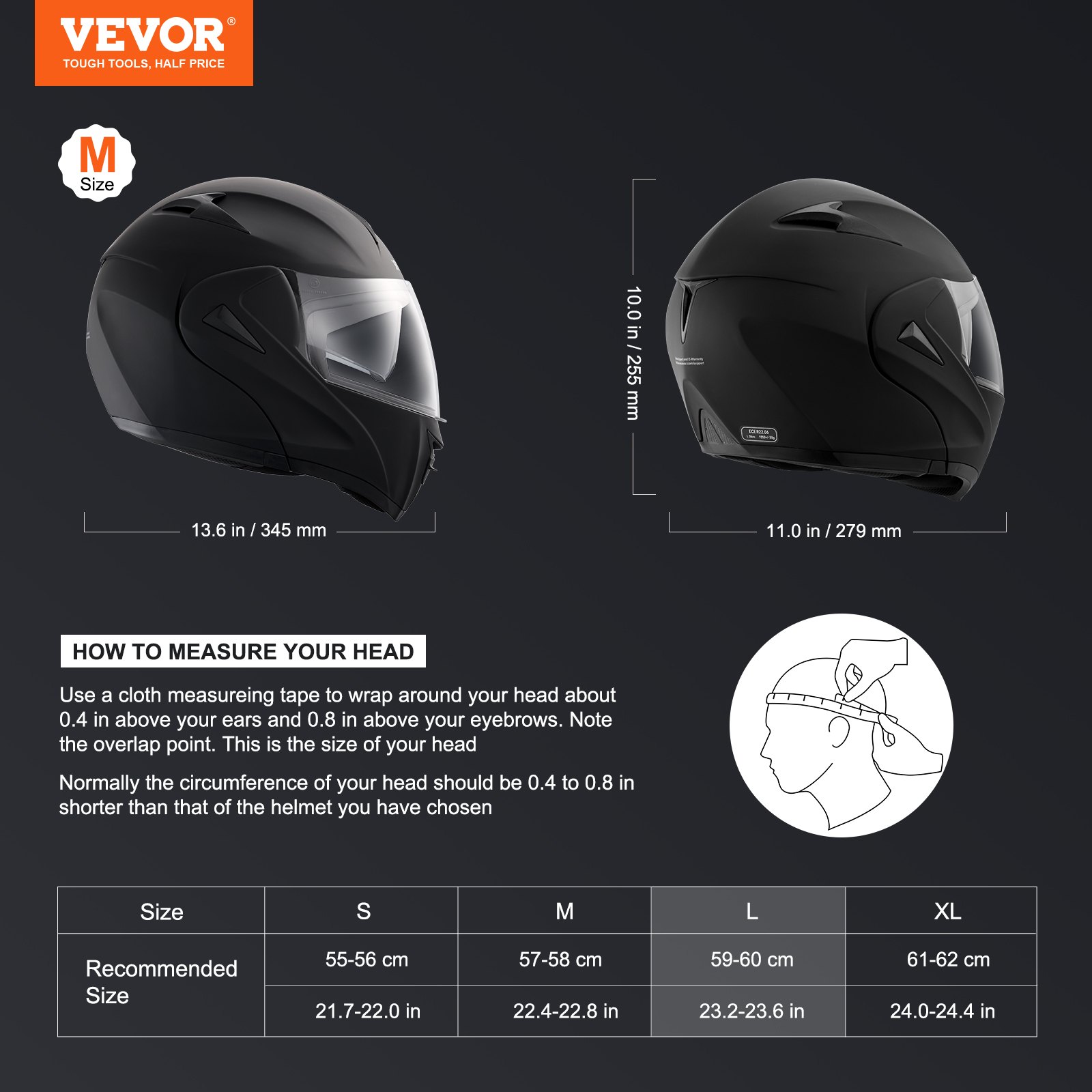 VEVOR Motorradhelm ohne Maske Helmgröße 59-60 cm, ABS Helme mit hoher Dichte & Bluetooth-Kommunikation & Wechselglas Größe L DOT-geprüfter bequemer Motocross-Helm, für Jugendliche & Erwachsene