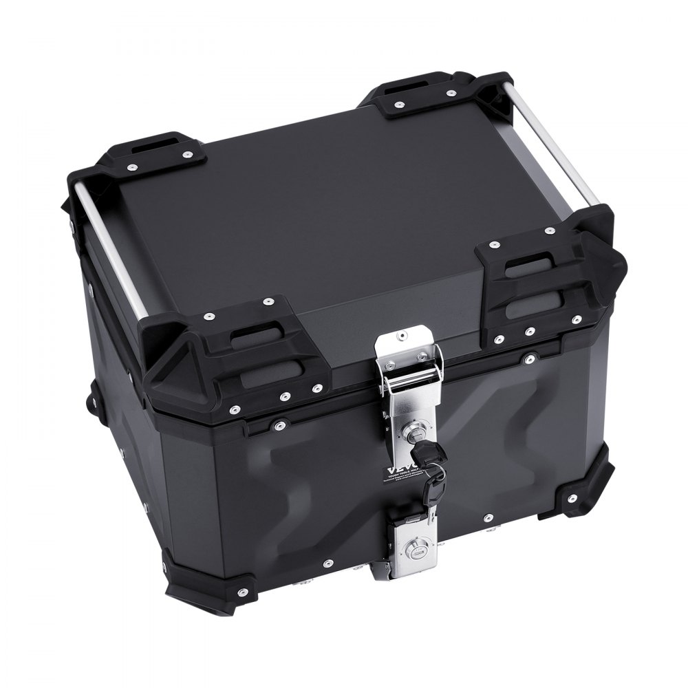 VEVOR Motorcycle Top Case, 45L Rear Box made of Aluminum Alloy with Leather Lining, Detachable Motorcycle Top Box with Lock & Backrest Pad, Helmet Case (435 x 378 x 348 mm) Black