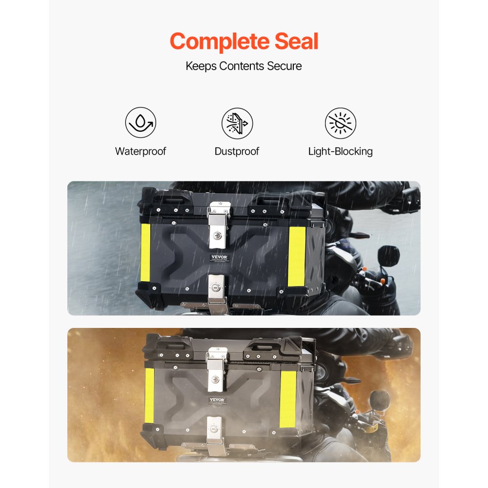 VEVOR Motorrad-Topcase Motorradkoffer 65 L Heckbox aus Aluminiumlegierung mit Lederfutter, abnehmbare Motorrad-Topbox mit Schloss & Rückenpolster, Helmkoffer (565 x 500 x 380 mm) Schwarz