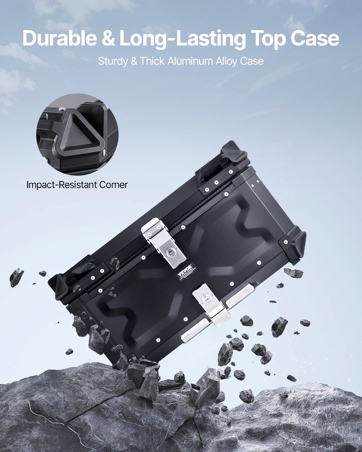 VEVOR Motorrad-Topcase Motorradkoffer 65 L Heckbox aus Aluminiumlegierung mit Lederfutter, abnehmbare Motorrad-Topbox mit Schloss & Rückenpolster, Helmkoffer (565 x 500 x 380 mm) Schwarz