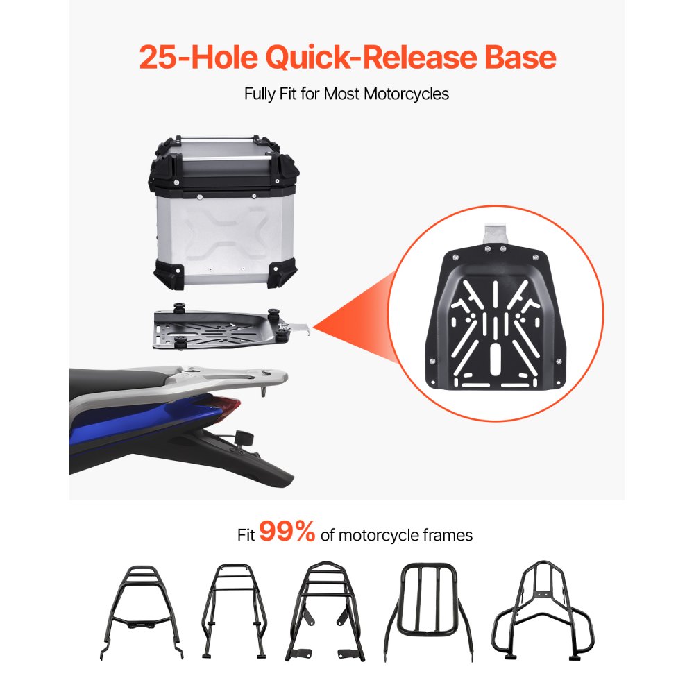 VEVOR Motorrad-Topcase Motorradkoffer 45 L Heckbox aus Aluminiumlegierung mit Lederfutter, abnehmbare Motorrad-Topbox mit Schloss & Rückenpolster, Helmkoffer (435 x 378 x 348 mm) Silber