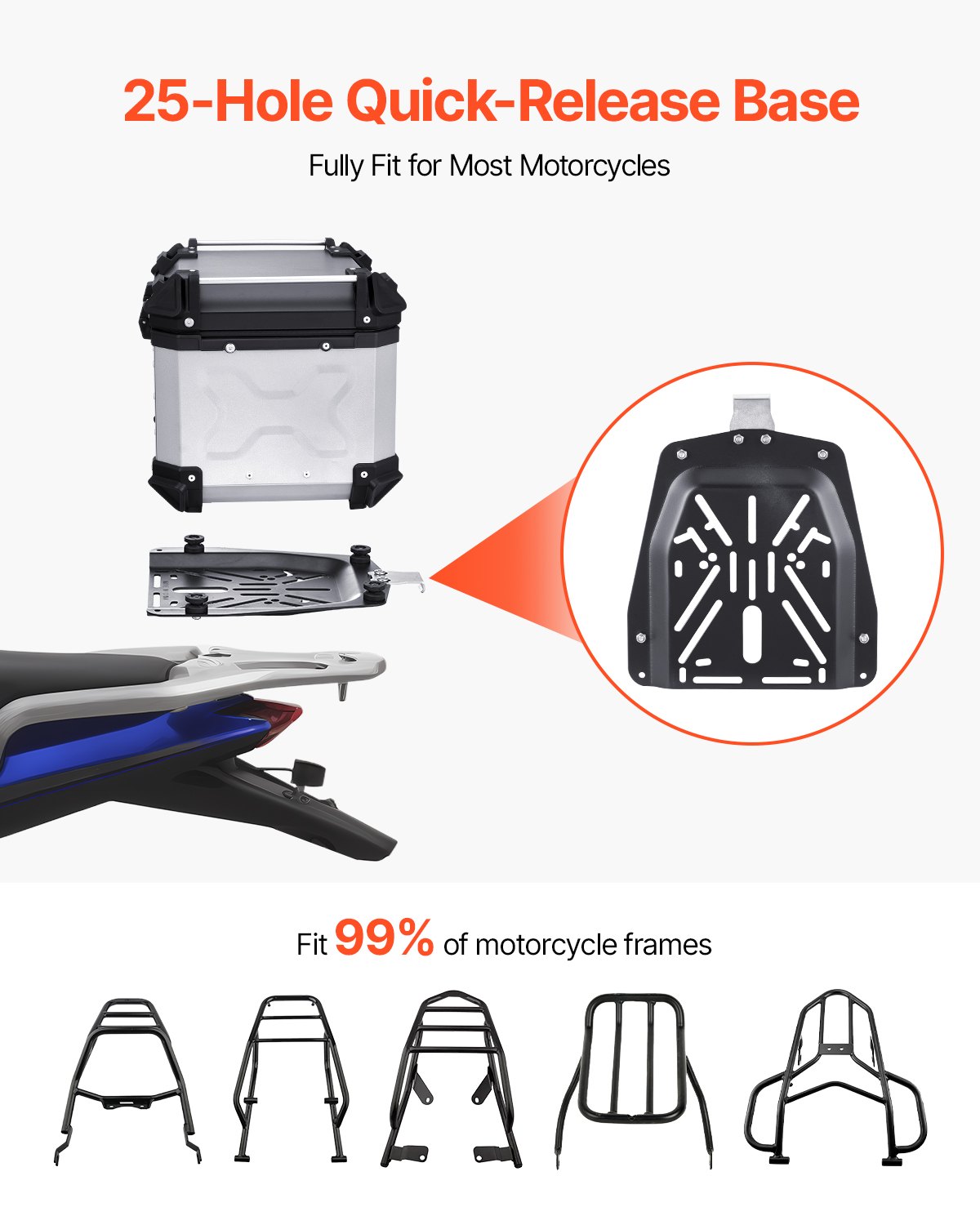 VEVOR Motorrad-Topcase Motorradkoffer 45 L Heckbox aus Aluminiumlegierung mit Lederfutter, abnehmbare Motorrad-Topbox mit Schloss & Rückenpolster, Helmkoffer (435 x 378 x 348 mm) Silber