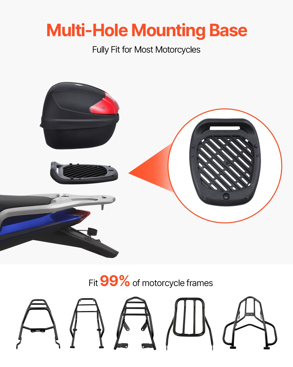 VEVOR Motorrad-Topcase Motorradkoffer 24 L Heckbox aus PP-Material mit reflektierendem Panel, wasserdichte & abnehmbare Motorrad-Topbox mit Mehrlochboden Helmkoffer (408 x 390 x 285 mm)