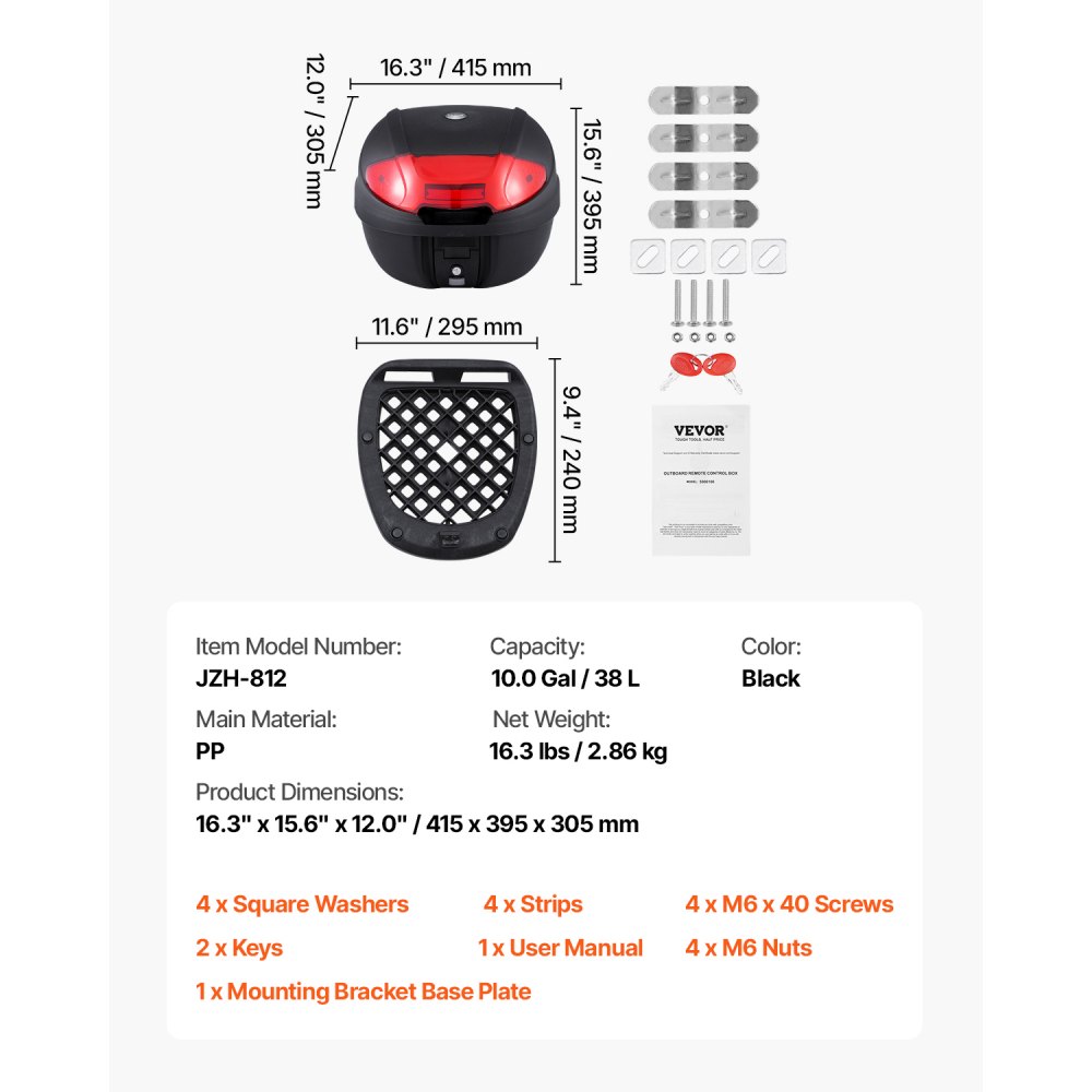 VEVOR Motorrad-Topcase Motorradkoffer 38 L Heckbox aus PP-Material mit reflektierendem Panel, wasserdichte & abnehmbare Motorrad-Topbox mit Mehrlochboden Helmkoffer (415 x 395 x 305 mm)