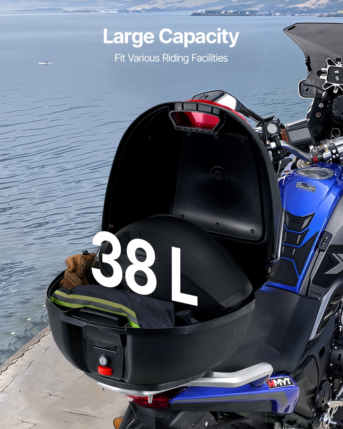 VEVOR Motorrad-Topcase Motorradkoffer 38 L Heckbox aus PP-Material mit reflektierendem Panel, wasserdichte & abnehmbare Motorrad-Topbox mit Mehrlochboden Helmkoffer (415 x 395 x 305 mm)