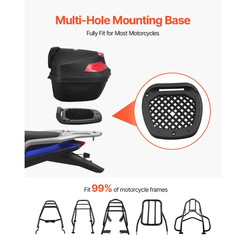 VEVOR Motorrad-Topcase Motorradkoffer 48 L Heckbox aus PP-Material mit Rückenkissen, wasserdichte & abnehmbare Motorrad-Topbox mit Mehrlochboden Helmkoffer schwarz (565 x 500 x 380 mm)