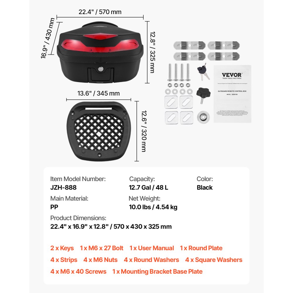 VEVOR Motorrad-Topcase Motorradkoffer 48 L Heckbox aus PP-Material mit Rückenkissen, wasserdichte & abnehmbare Motorrad-Topbox mit Mehrlochboden Helmkoffer schwarz (565 x 500 x 380 mm)