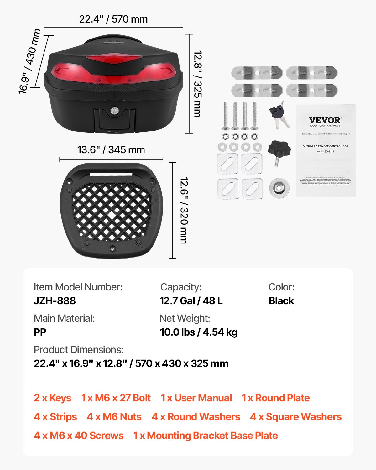 VEVOR Motorrad-Topcase Motorradkoffer 48 L Heckbox aus PP-Material mit Rückenkissen, wasserdichte & abnehmbare Motorrad-Topbox mit Mehrlochboden Helmkoffer schwarz (565 x 500 x 380 mm)