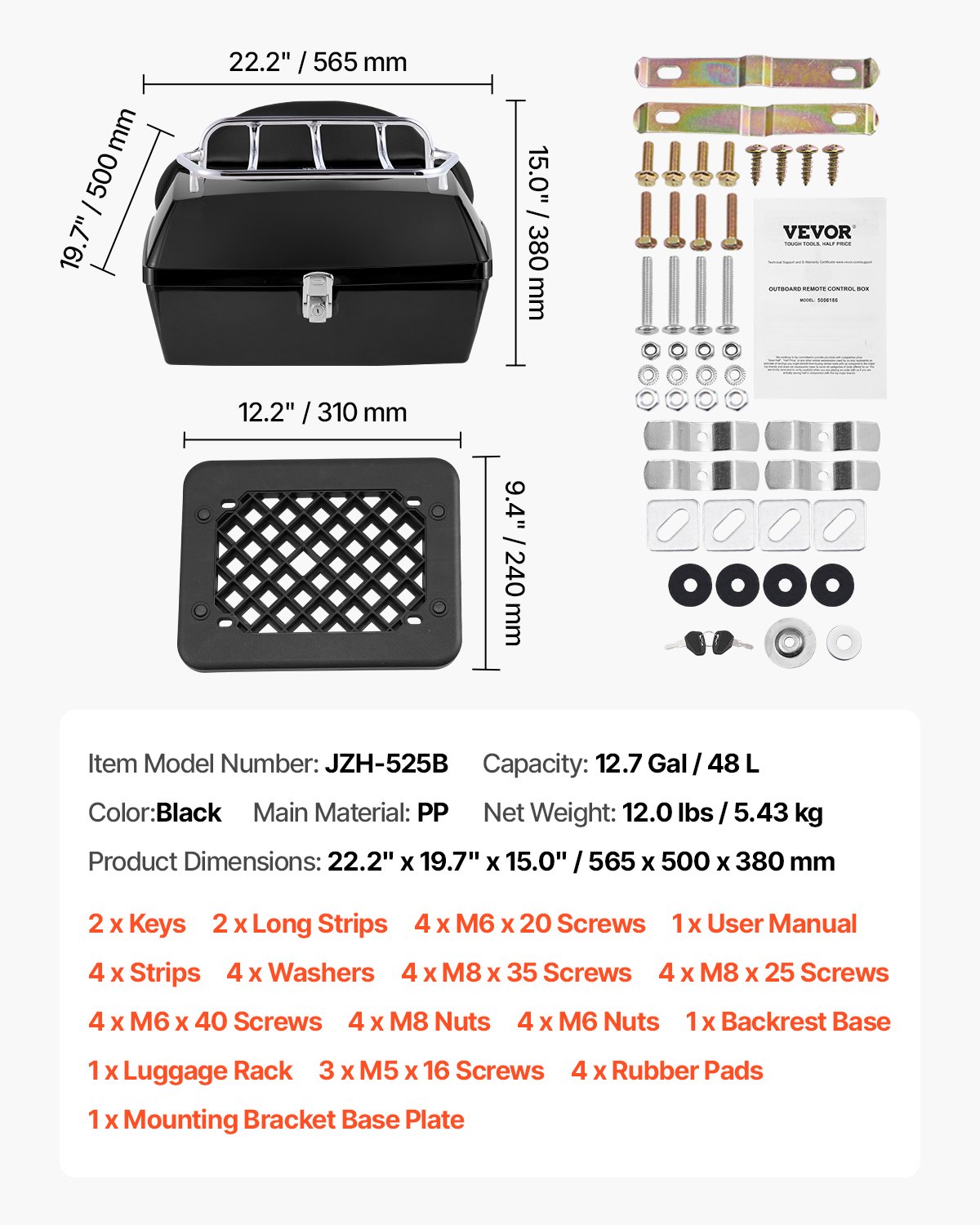 VEVOR Motorrad-Topcase Motorradkoffer 48 L universelle Heckbox aus PP-Material, wasserdichte & abnehmbare Motorrad-Topbox mit Mehrlochboden & Regal Helmkoffer (565 x 500 x 380 mm)