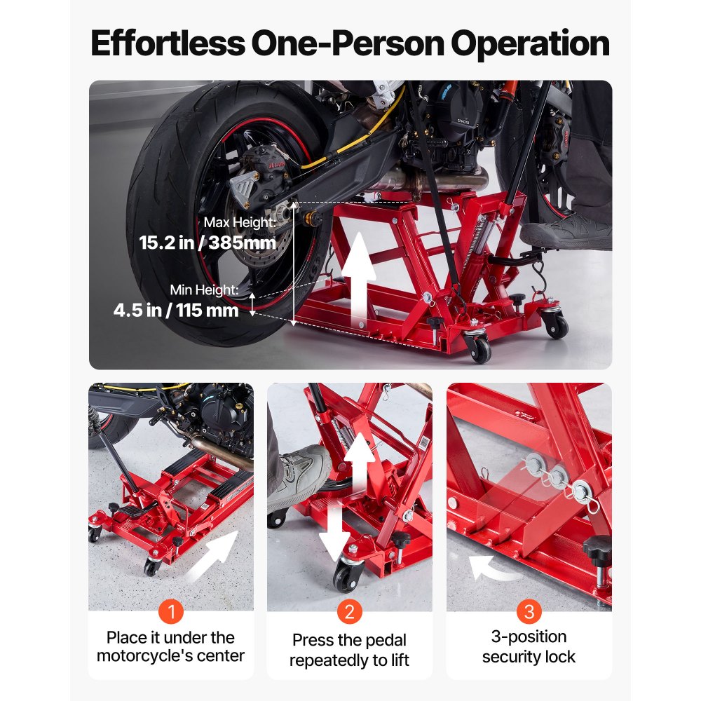 VEVOR Motorradhebebühne Hydraulisch bis 680 kg Motorradheber Höhenverstellbar 115–385 mm Hebeplattform mit 4 Rädern und Fußbedienung Hebeständer Ideal für ATVs Dirtbikes Straßenmotorräder Rot