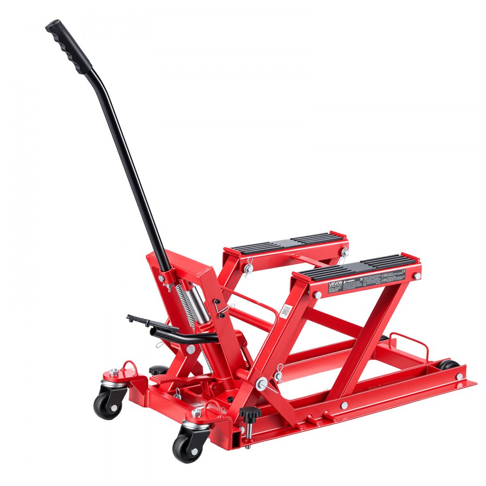 VEVOR Motorradhebebühne Hydraulisch bis 680 kg Motorradheber Höhenverstellbar 115–385 mm Hebeplattform mit 4 Rädern und Fußbedienung Hebeständer Ideal für ATVs Dirtbikes Straßenmotorräder Rot