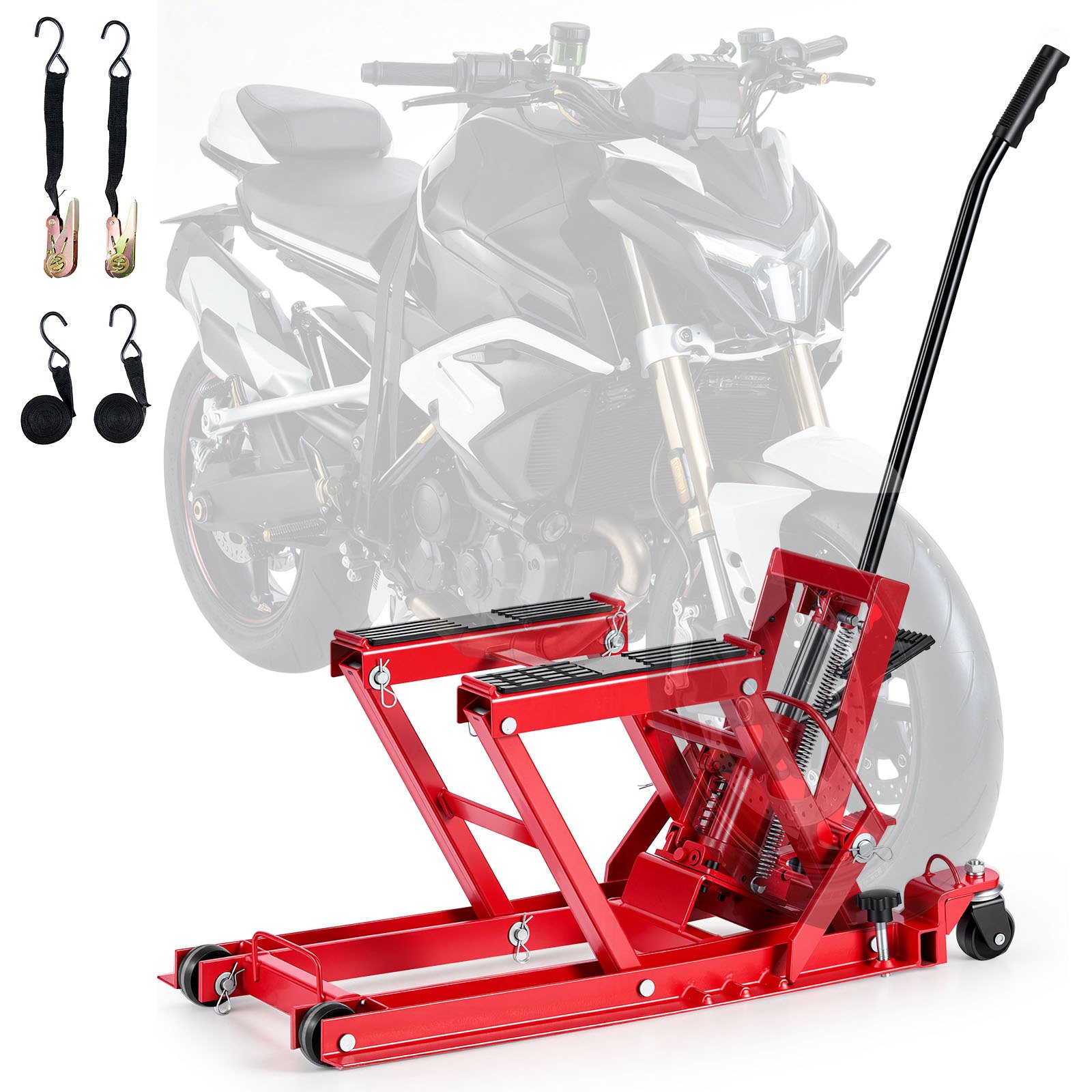 VEVOR Motorradhebebühne Hydraulisch bis 680 kg Motorradheber Höhenverstellbar 115–385 mm Hebeplattform mit 4 Rädern und Fußbedienung Hebeständer Ideal für ATVs Dirtbikes Straßenmotorräder Rot