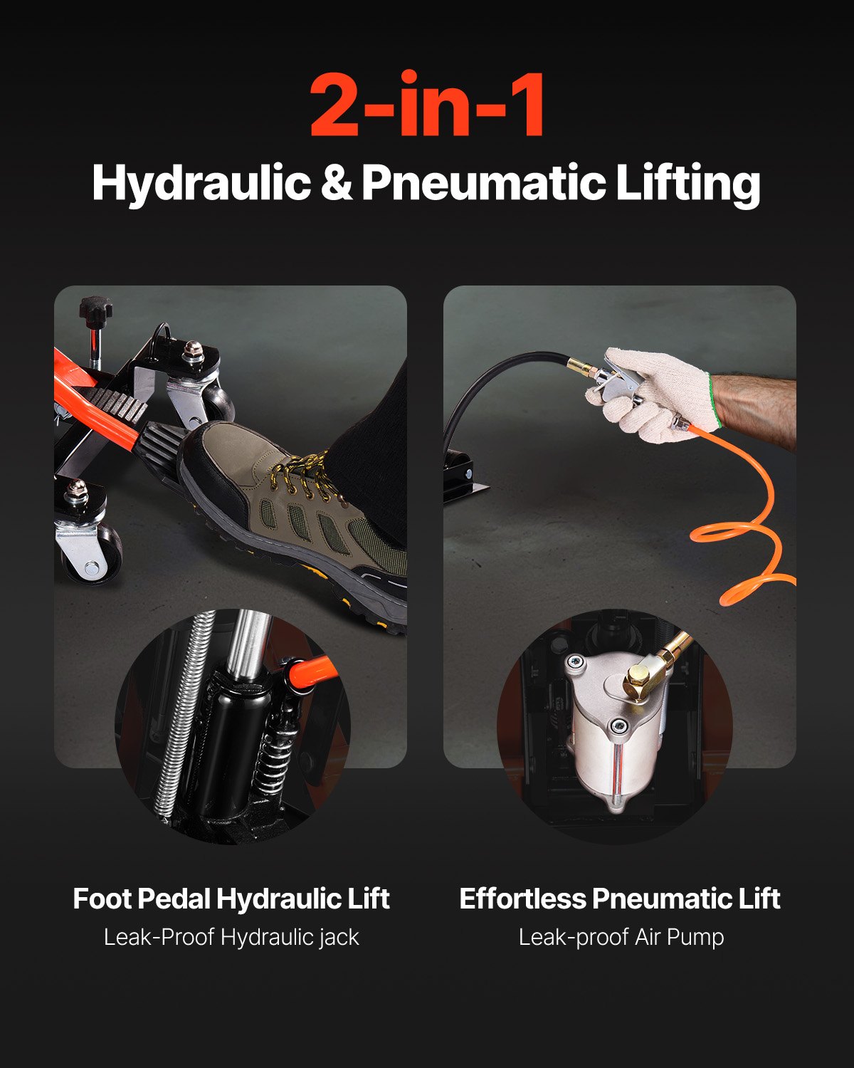 VEVOR Motorcycle Lift, Hydraulic & Pneumatic & Rollable Motorcycle Lift with 119-381 mm Height Range, Bicycle Repair Lift (680 kg Load Capacity) with Removable Ramp