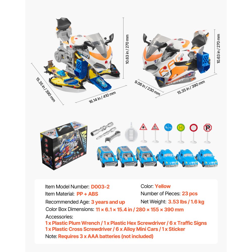 VEVOR Motorradmotor-Spielzeug, 25-teilig, Motorradmechaniker-Spielzeug mit abnehmbaren Teilen, Lichtern & Geräuschen, simuliertes Fahren & Rennstreckenrennen, für Kinder ab 3 Jahren, Gelb