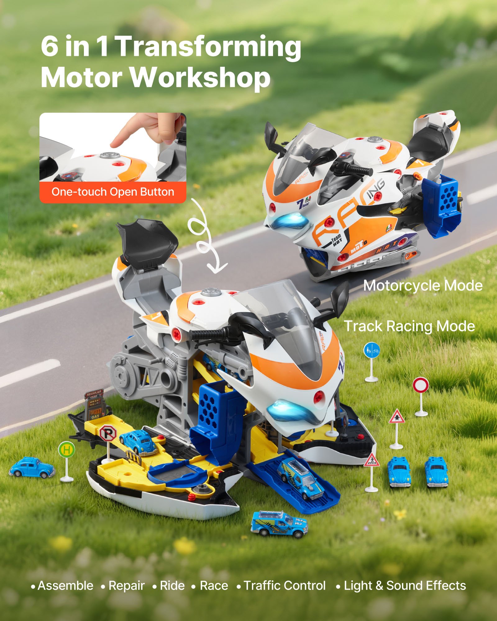 VEVOR Motorradmotor-Spielzeug, 25-teilig, Motorradmechaniker-Spielzeug mit abnehmbaren Teilen, Lichtern & Geräuschen, simuliertes Fahren & Rennstreckenrennen, für Kinder ab 3 Jahren, Gelb