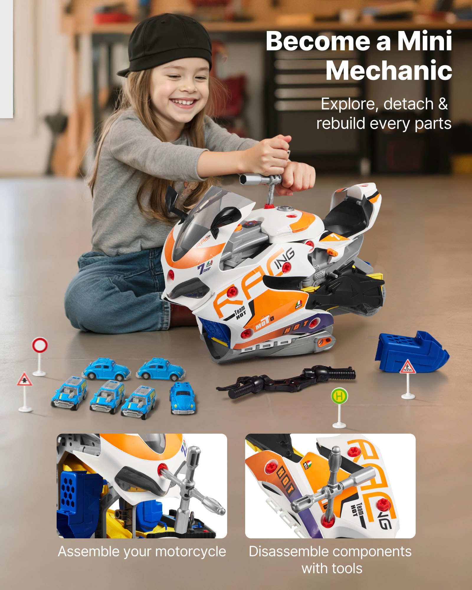 VEVOR Motorradmotor-Spielzeug, 25-teilig, Motorradmechaniker-Spielzeug mit abnehmbaren Teilen, Lichtern & Geräuschen, simuliertes Fahren & Rennstreckenrennen, für Kinder ab 3 Jahren, Gelb