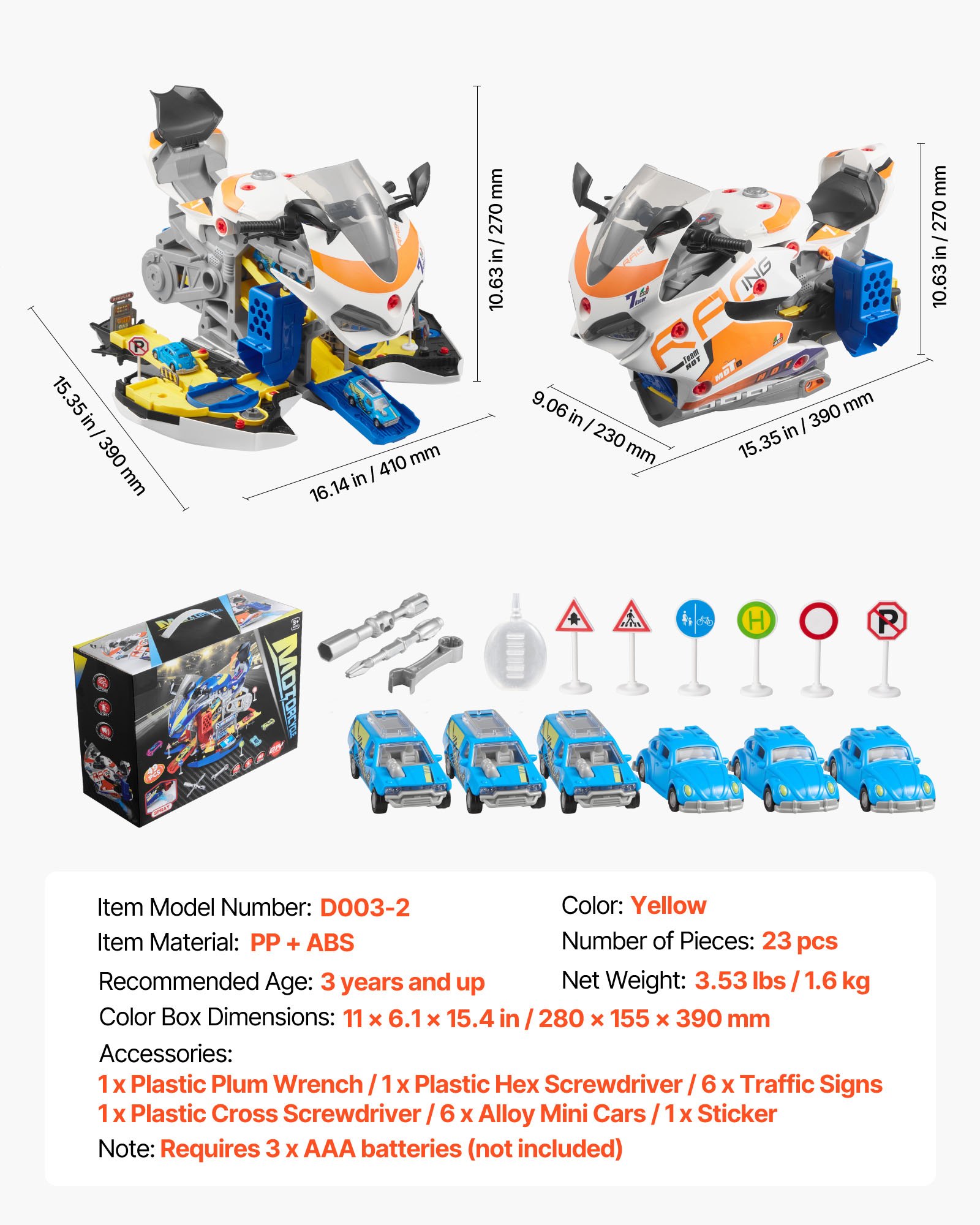 VEVOR Motorradmotor-Spielzeug, 25-teilig, Motorradmechaniker-Spielzeug mit abnehmbaren Teilen, Lichtern & Geräuschen, simuliertes Fahren & Rennstreckenrennen, für Kinder ab 3 Jahren, Gelb