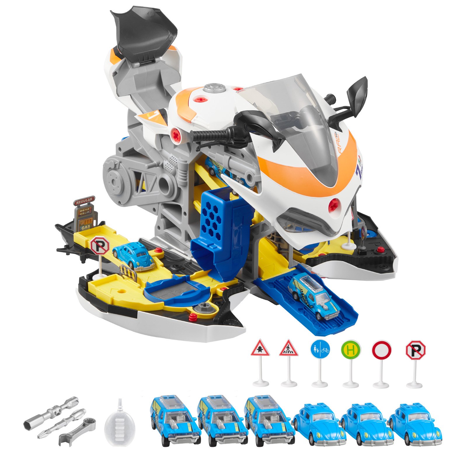 VEVOR Motorradmotor-Spielzeug, 25-teilig, Motorradmechaniker-Spielzeug mit abnehmbaren Teilen, Lichtern & Geräuschen, simuliertes Fahren & Rennstreckenrennen, für Kinder ab 3 Jahren, Gelb
